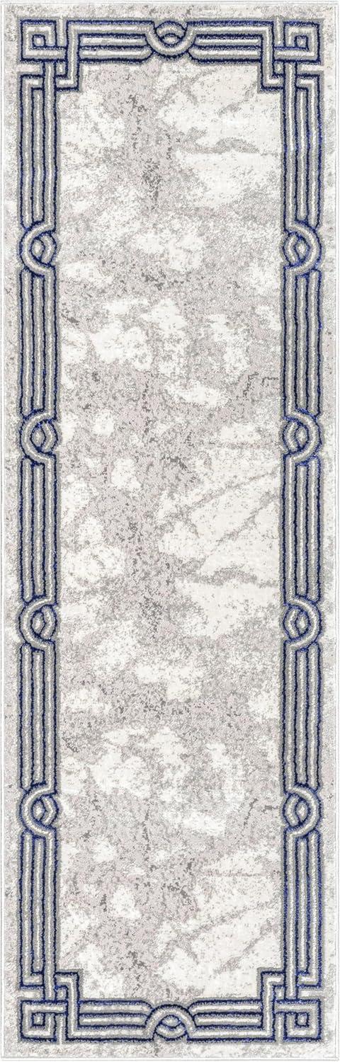 Well Woven Lezlee Abstract Modern 2'7" x 9'10" Runner Rug - Blue Marble Border - for Hallway, Entryway, Stair