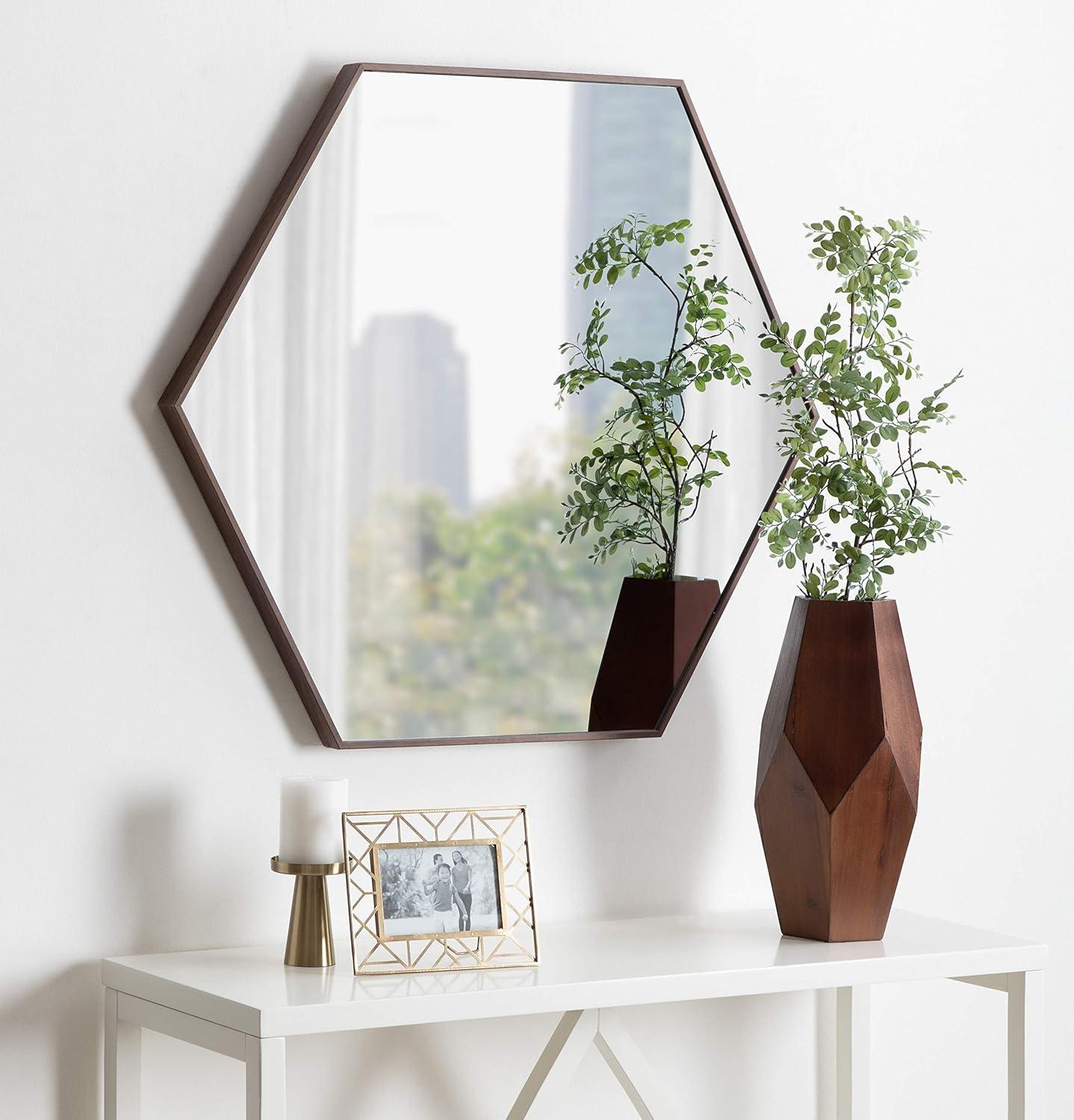 Walnut Brown Hexagon Wall Mirror with Wood Frame