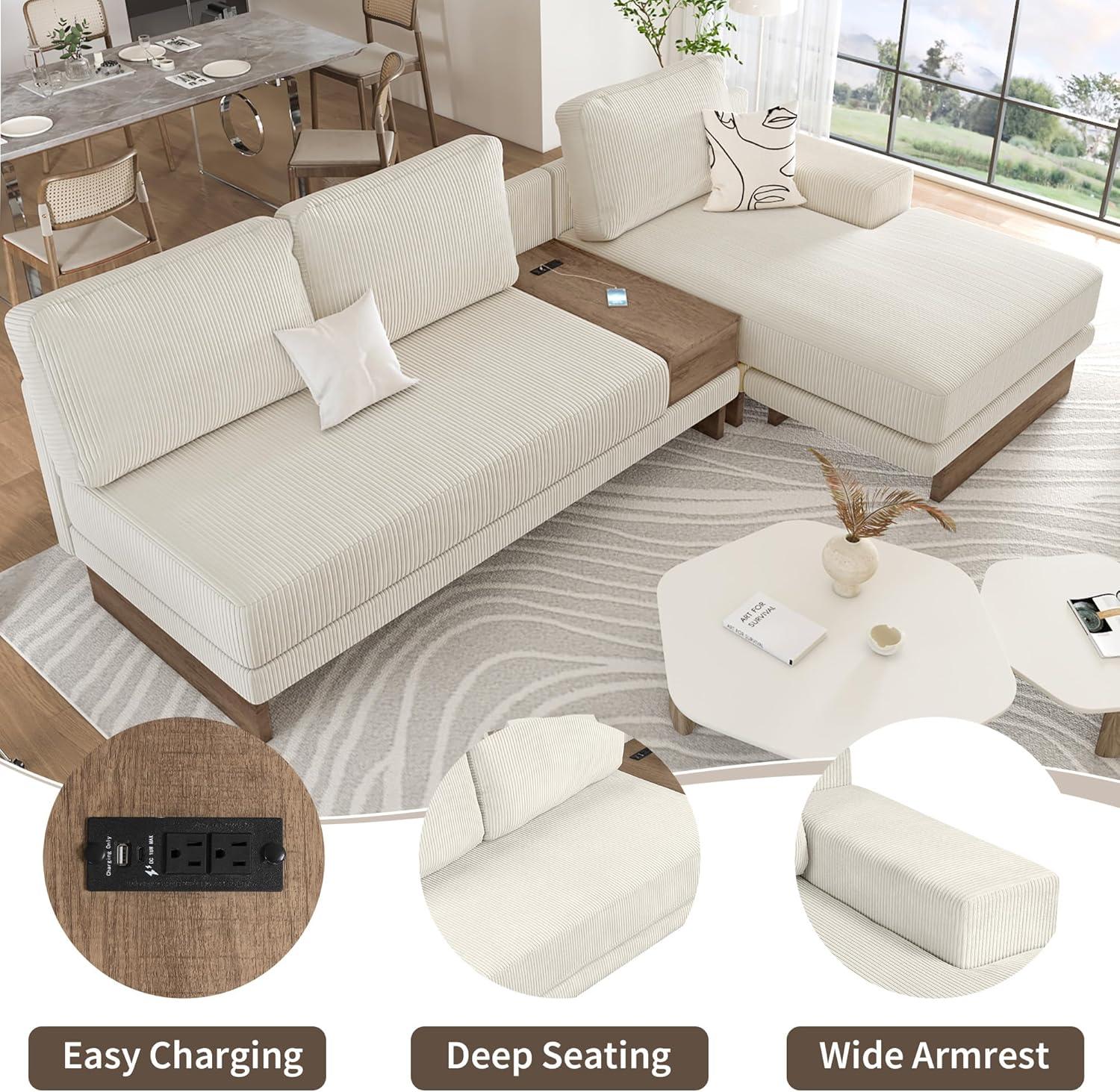 114" L-shaped Sofa Sectional Sofa with Two USB Ports and Two Power Sockets, A Storage Drawer and A Reversible Chaise Lounge for Living Room