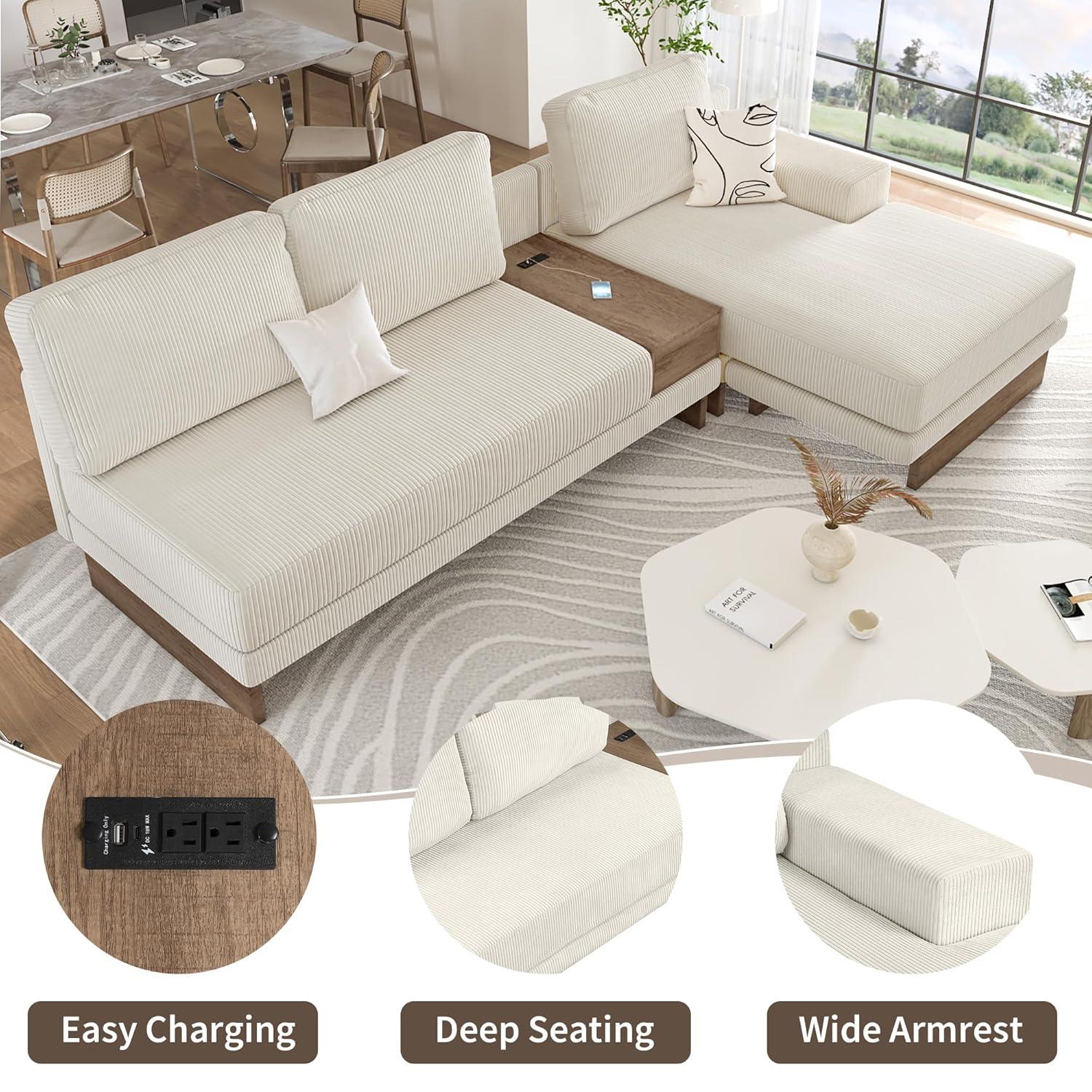 114" L-shaped Sofa Sectional Sofa with Two USB Ports and Two Power Sockets, A Storage Drawer and A Reversible Chaise Lounge for Living Room