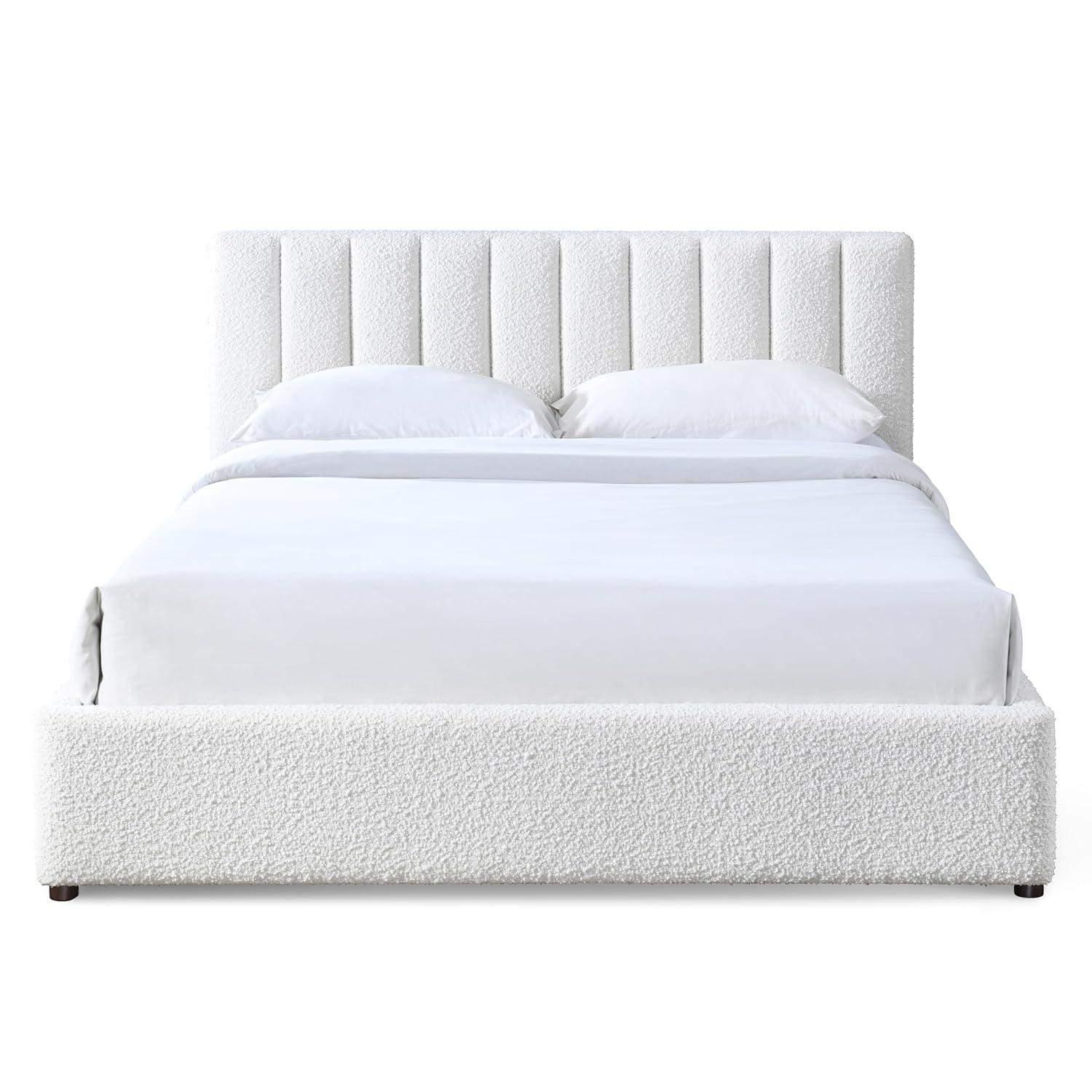 Omax Decor Jaxon Upholstered Platform Queen Bed in White Boucle Fabric