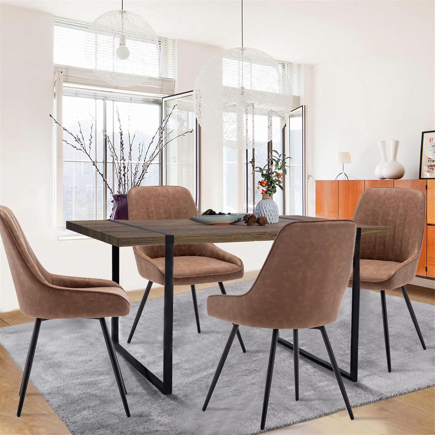 Brown Faux Leather Upholstered Armless Side Chairs with Metal Legs, Set of 2