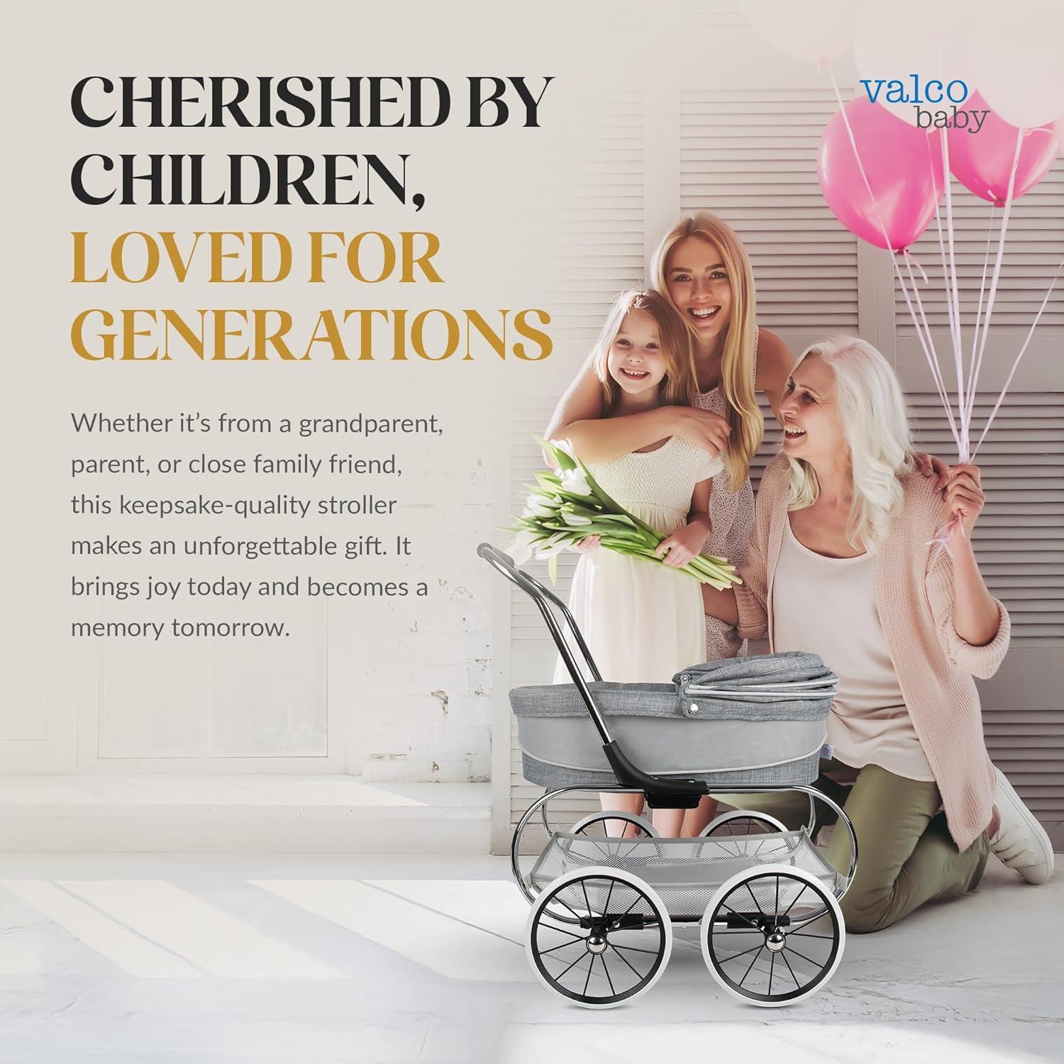 Valco Baby Princess Doll Stroller, High Quality Toy Stroller for Toddlers & Children, Excellent Holiday Gift for Realistic Pretend Play - Grey