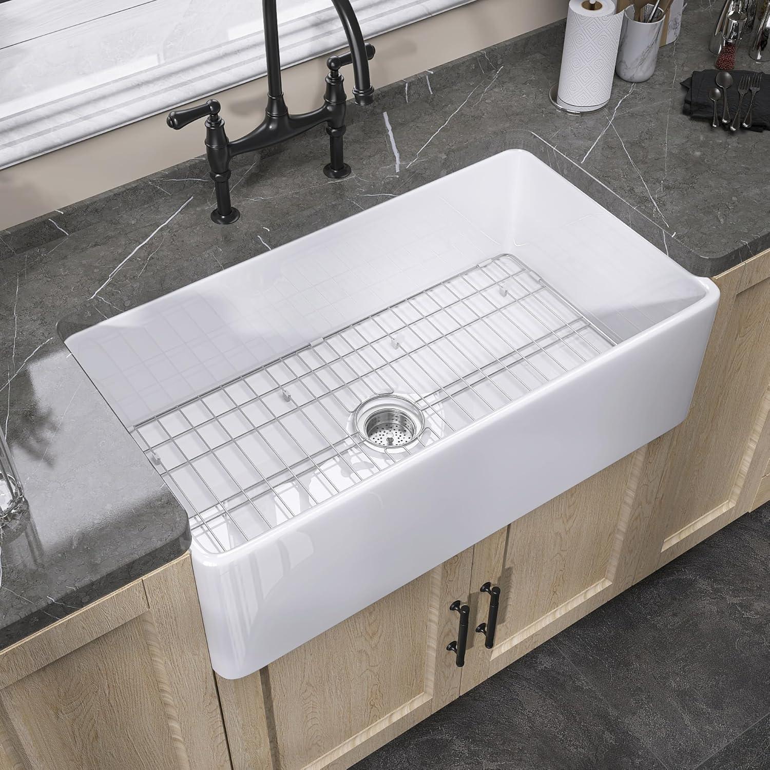 Small Farmhouse Sink 24 X18 White Fireclay Undermount Kitchen Sinks Deep Single Bowl Drop in Modern Apron Front Farm Sink For Kitchen with Protective Bottom Grid and Strainer