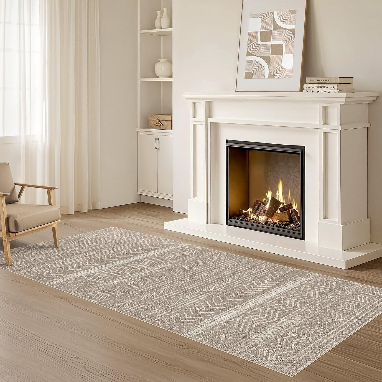 FairOnly 9'x12' Brown White Area Rugs Machine Washable Vintage Rugs for Bathroom Geometric Moroccan Ultra-Thin Area Rugs for Family Room Living Room Carpet