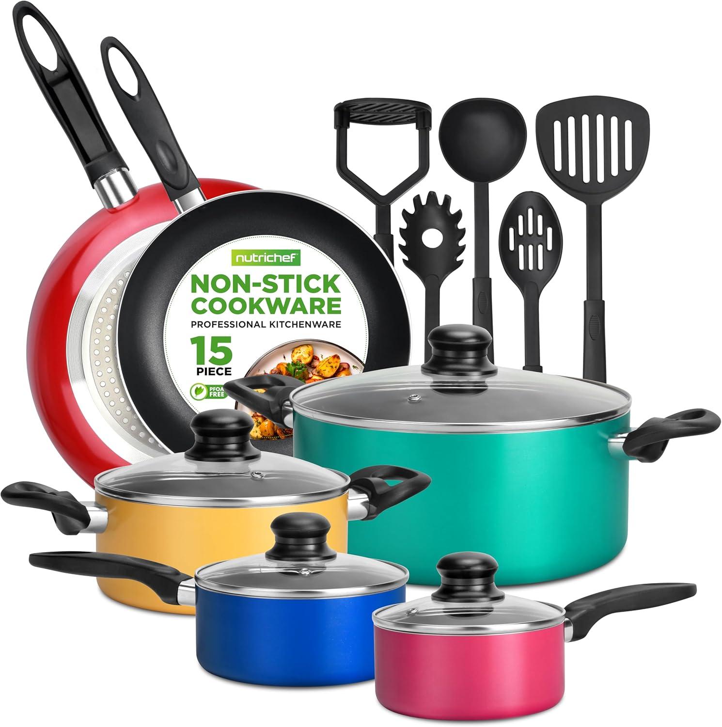 NutriChef 15-Piece Multicolor Nonstick Aluminum Cookware Set