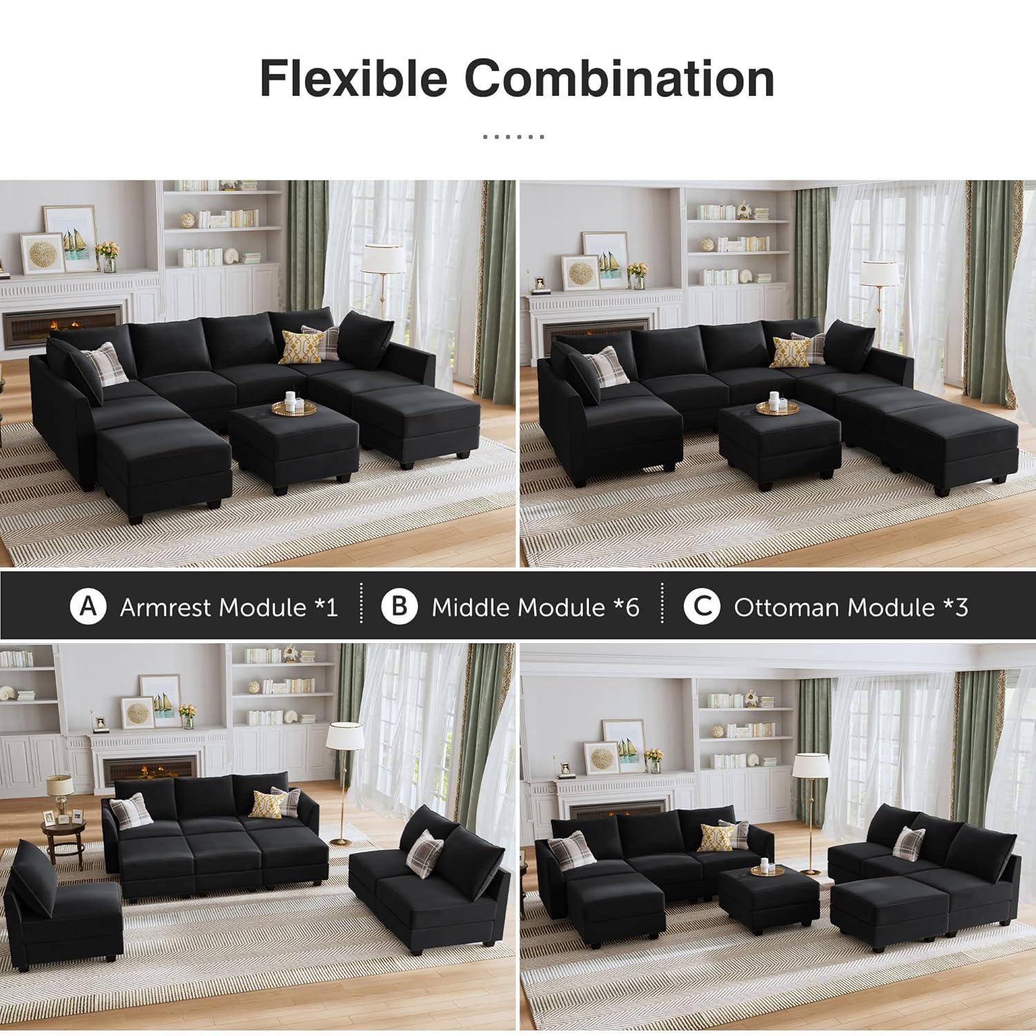 HONBAY Middle Module for Modular Sectional Sofa Couch, Accent Armless Chair with Storage Seat, Velvet Black