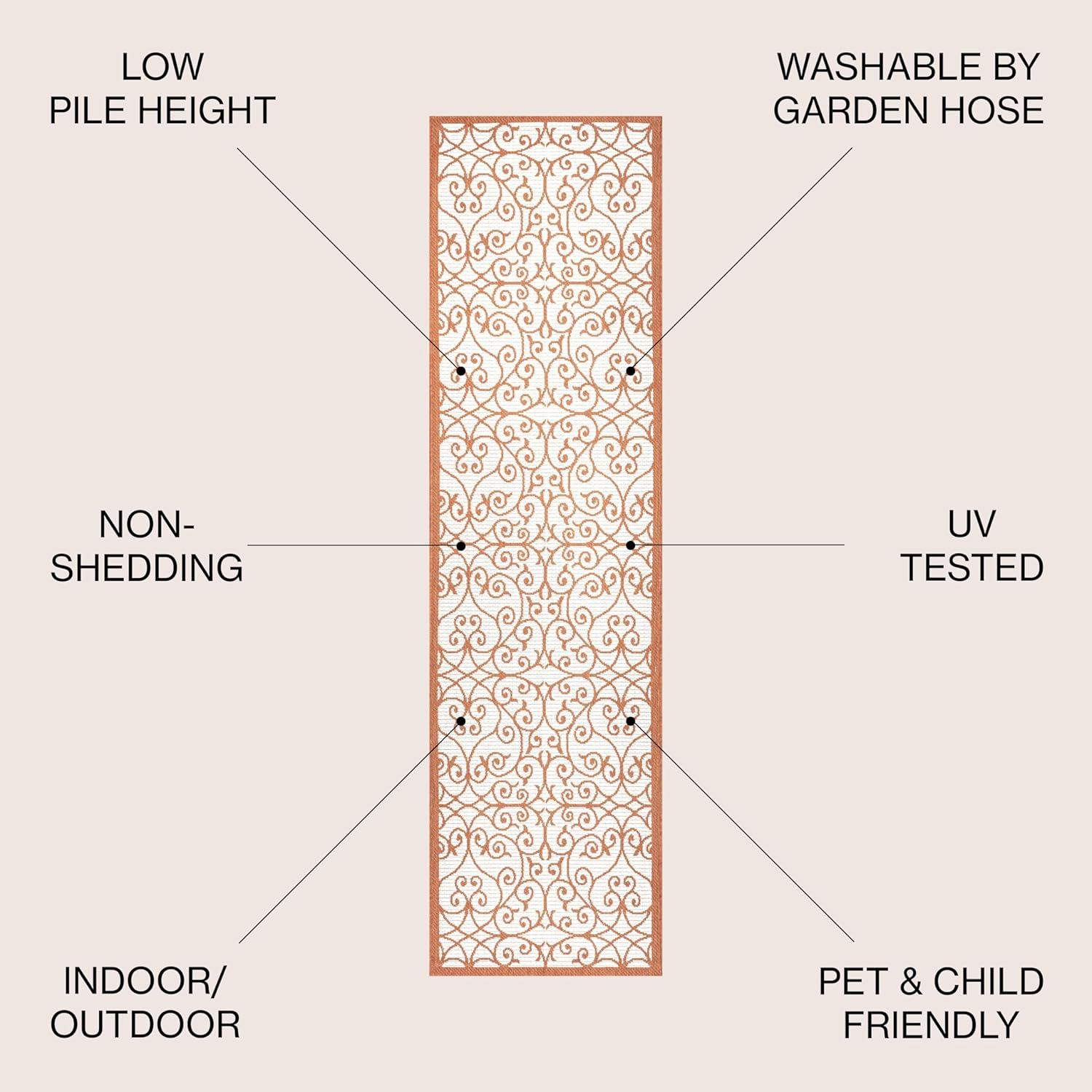 2' x 10' Madrid Vintage Filigree Textured Weave Indoor/Outdoor Runner Rug, Cream/Orange - JONATHAN Y