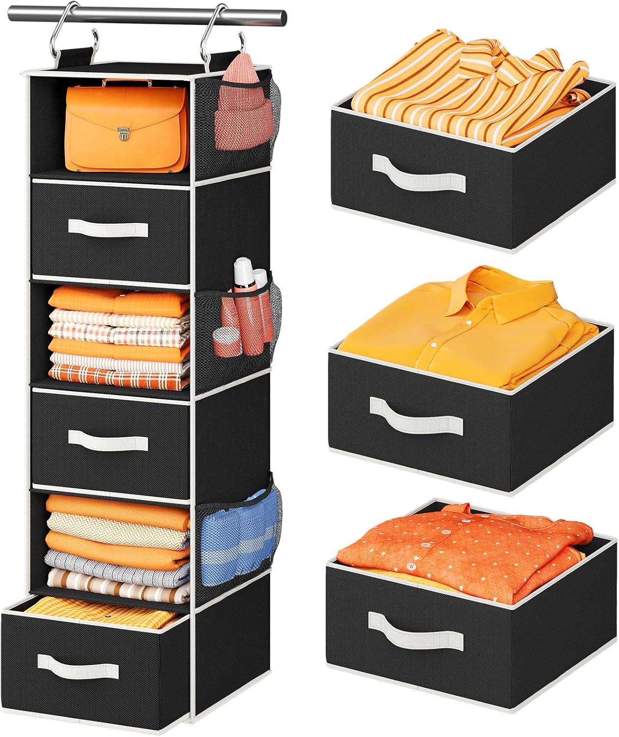 Rebrilliant Hanging Closet Organizer 6-Shelf with 3 Removable Drawers & Side Pockets