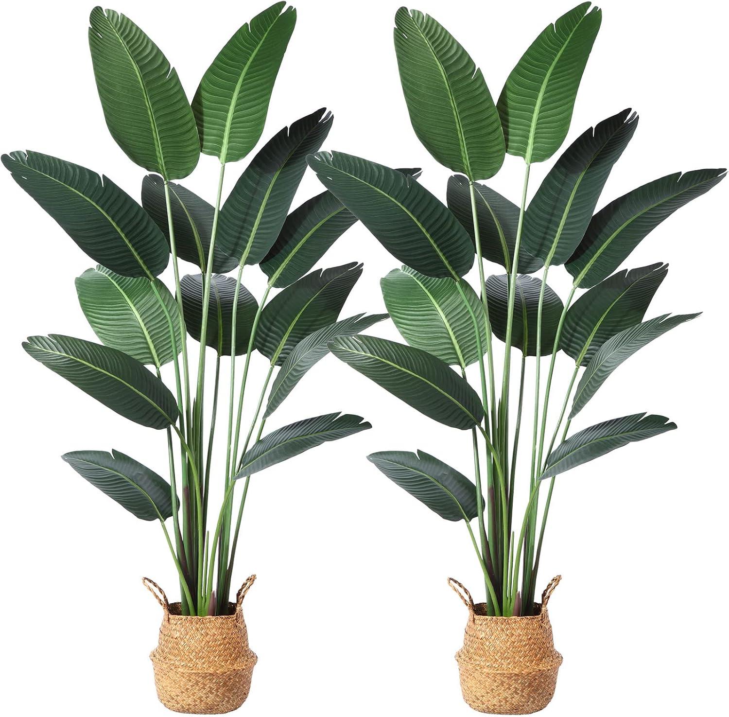 Artificial Bird of Paradise Plants 6 Ft Fake Tropical Palm Tree with 13 Trunks in Pot and Woven Seagrass Belly Basket Perfect Faux Plant for Home Indoor Outdoor Office Modern Decor Green 1Pc…