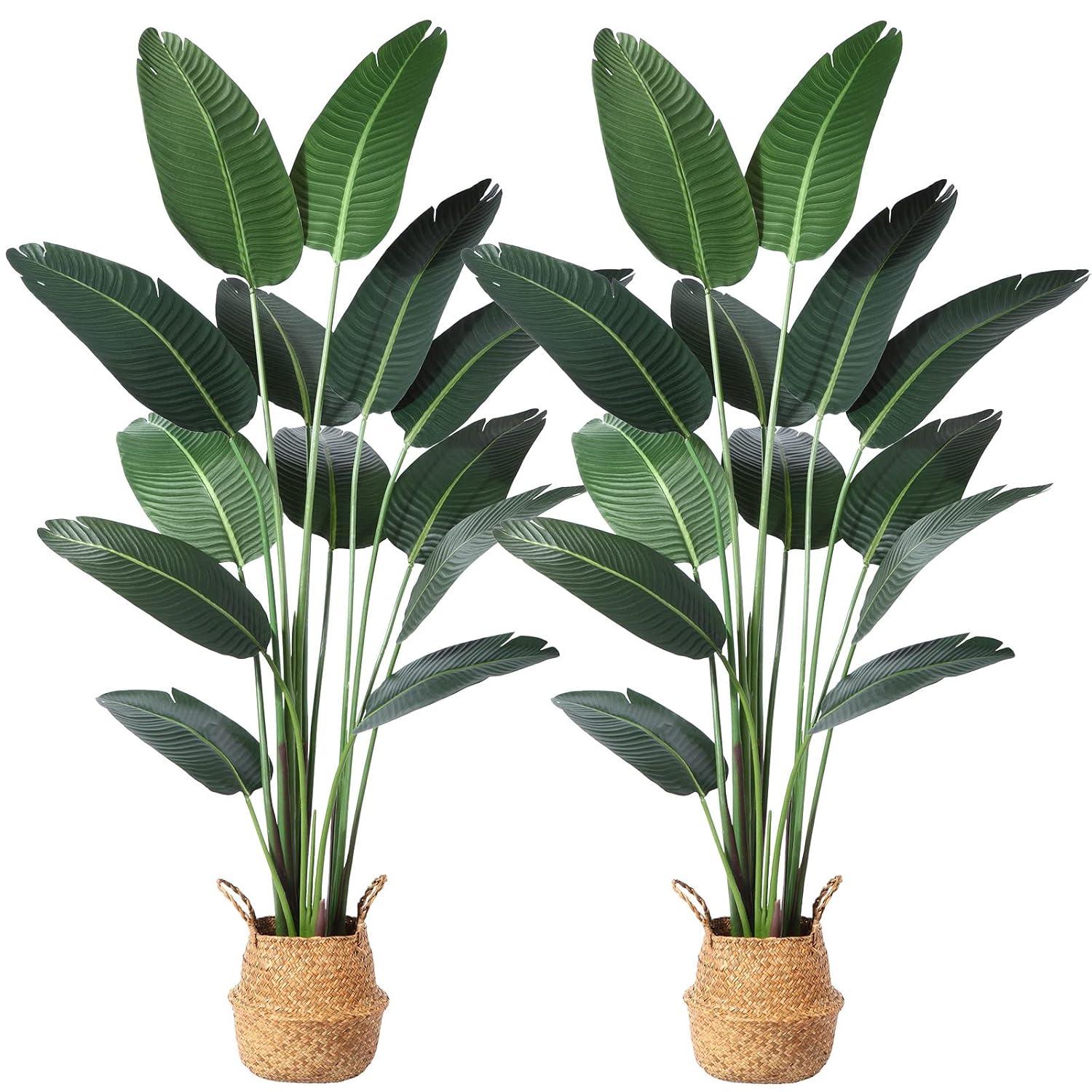 Artificial Bird of Paradise Plants 6 Ft Fake Tropical Palm Tree with 13 Trunks in Pot and Woven Seagrass Belly Basket Perfect Faux Plant for Home Indoor Outdoor Office Modern Decor Green 1Pc…