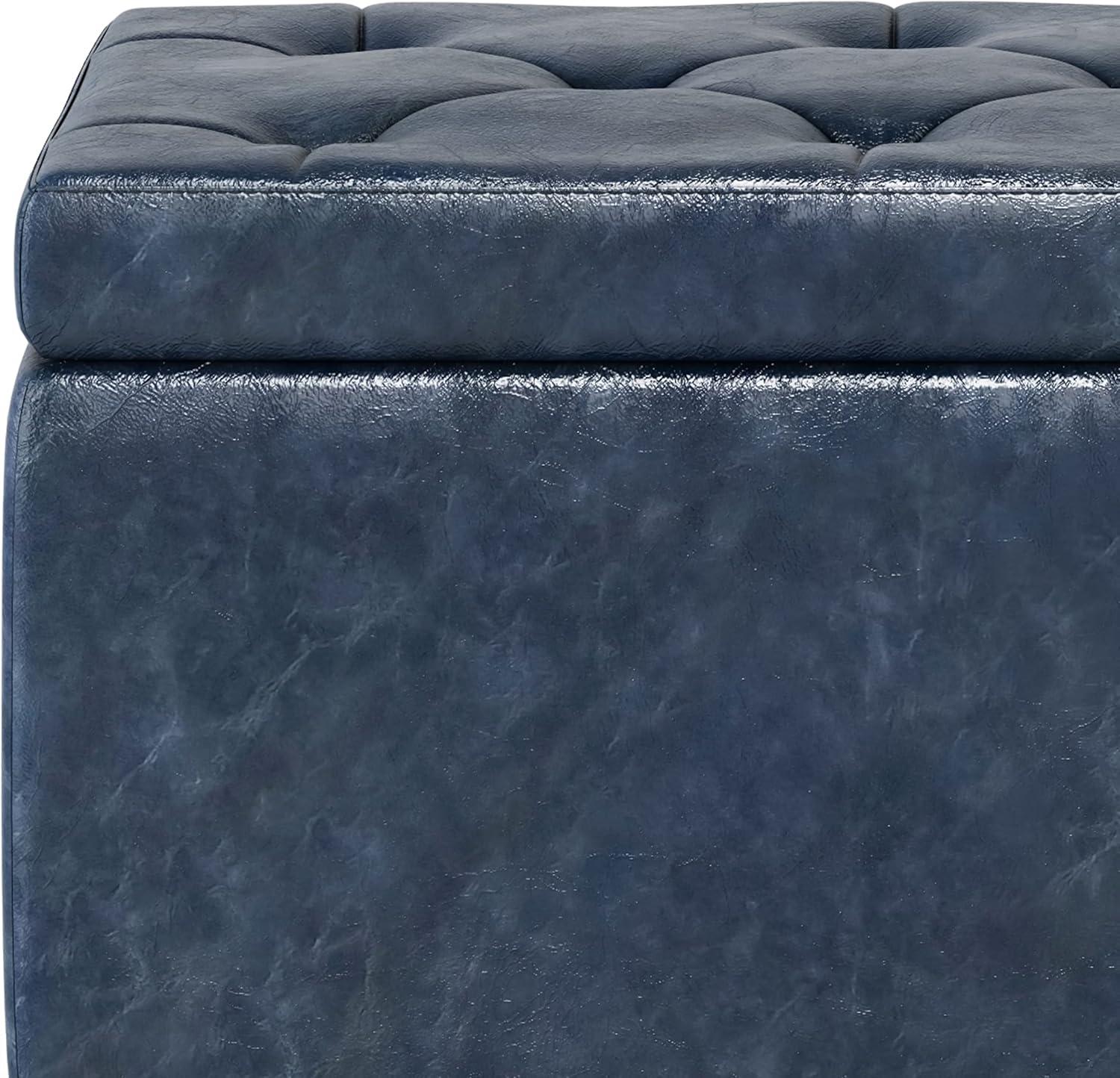 Hamilton 48 inch Wide Traditional Rectangle Storage Ottoman in Denim Blue Faux Leather