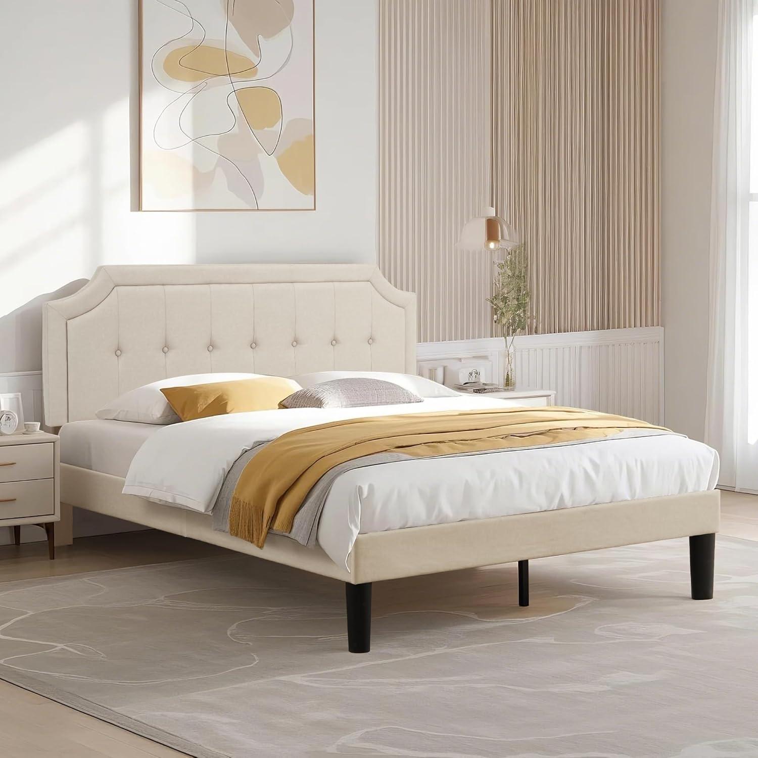 VECELO Queen Size Platform Bed Frame with Fabric Upholstered Headboard and Wooden Slats Support, No Box Spring Needed/Easy Assembly,Beige