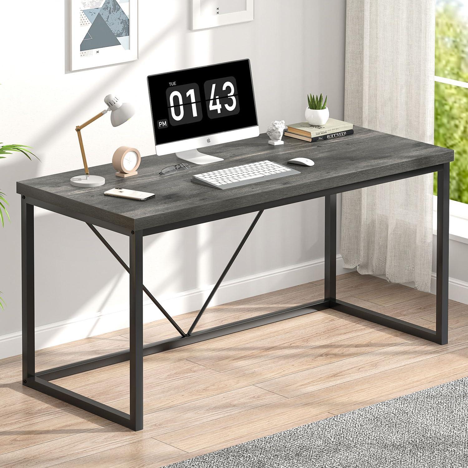 Gray 55-Inch Wood and Metal Computer Desk with Drawer