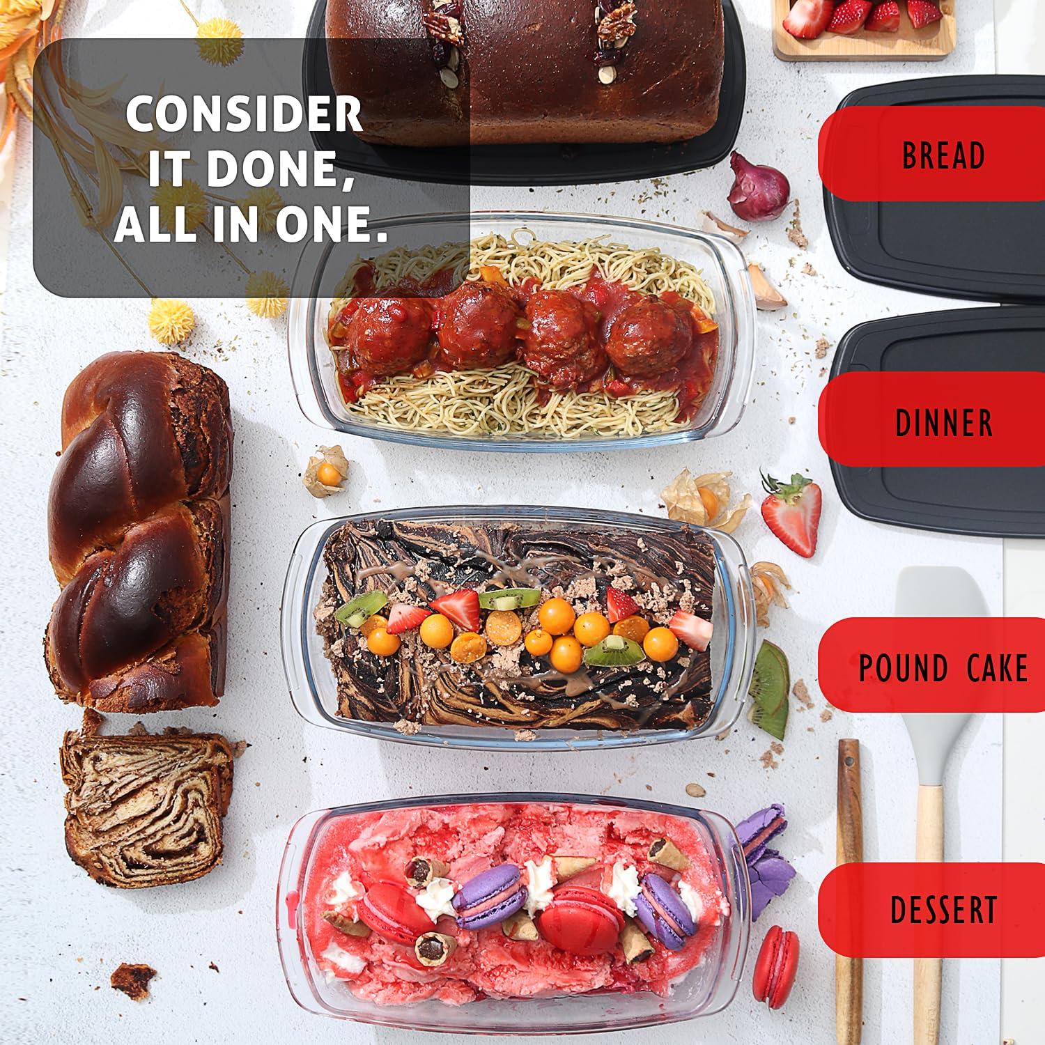 Joytable Set of 3 Bread Loaf Pans with Airtight Lids, 1.9 Quart Deep Rectangular Glass Food Storage Containers