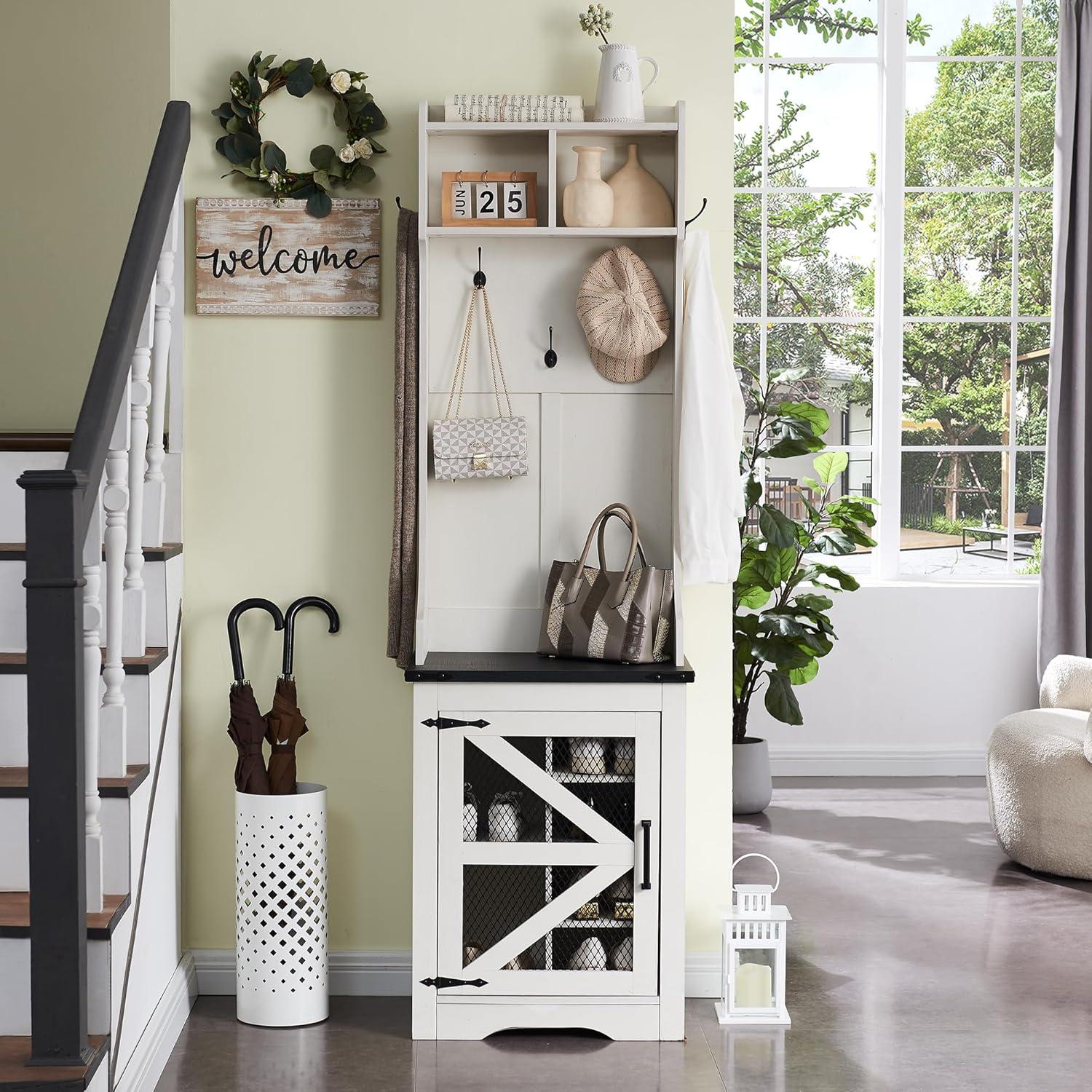 T4TREAM Farmhouse Entryway Hall Tree with Bench and Shoe Storage, Coat Rack with Coat Hooks, White