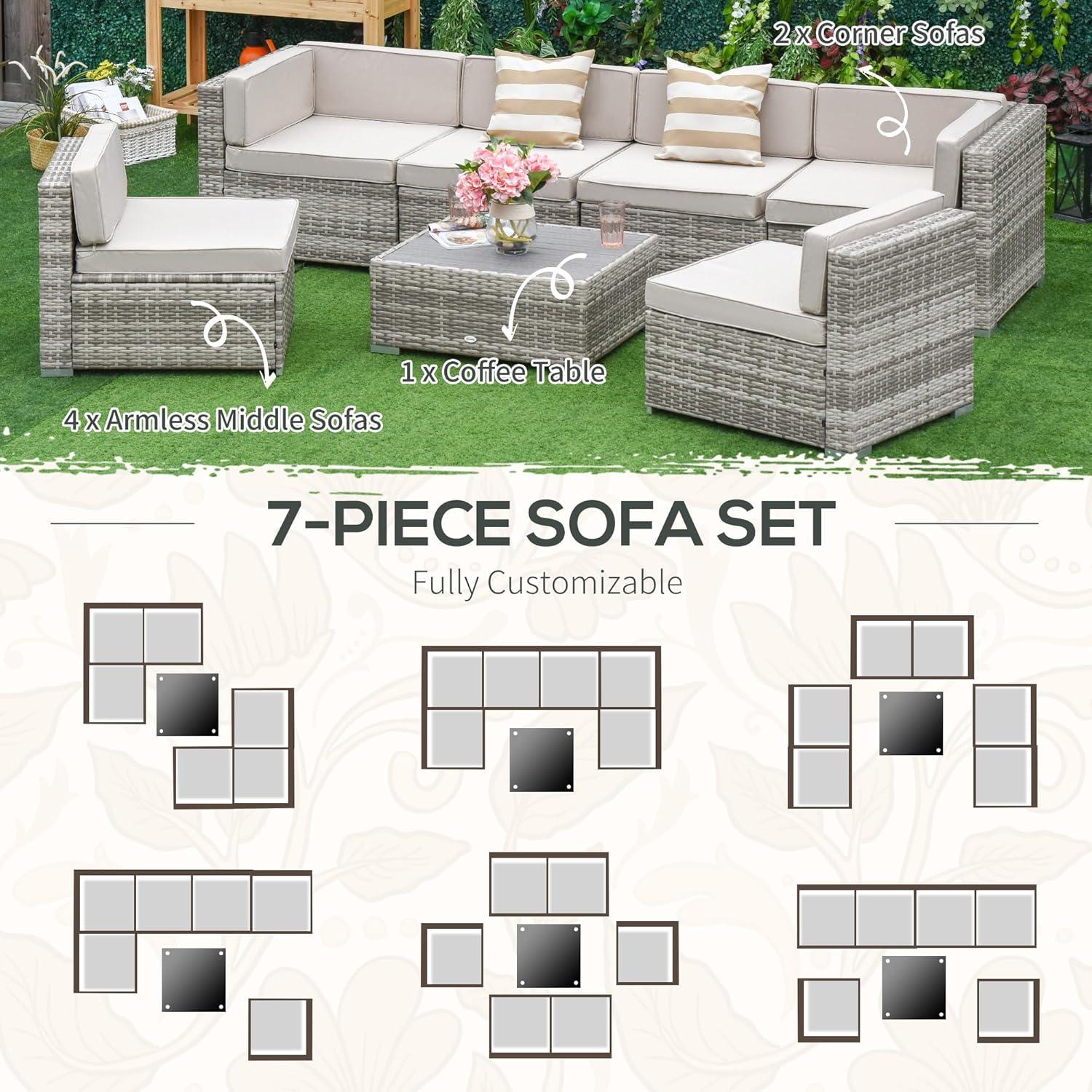 Outsunny 7-Piece Patio Furniture Set, Outdoor Wicker Conversation Set, All Weather PE Rattan Sectional Sofa w/ Faux Wood Table, Stripe Pillows, Beige