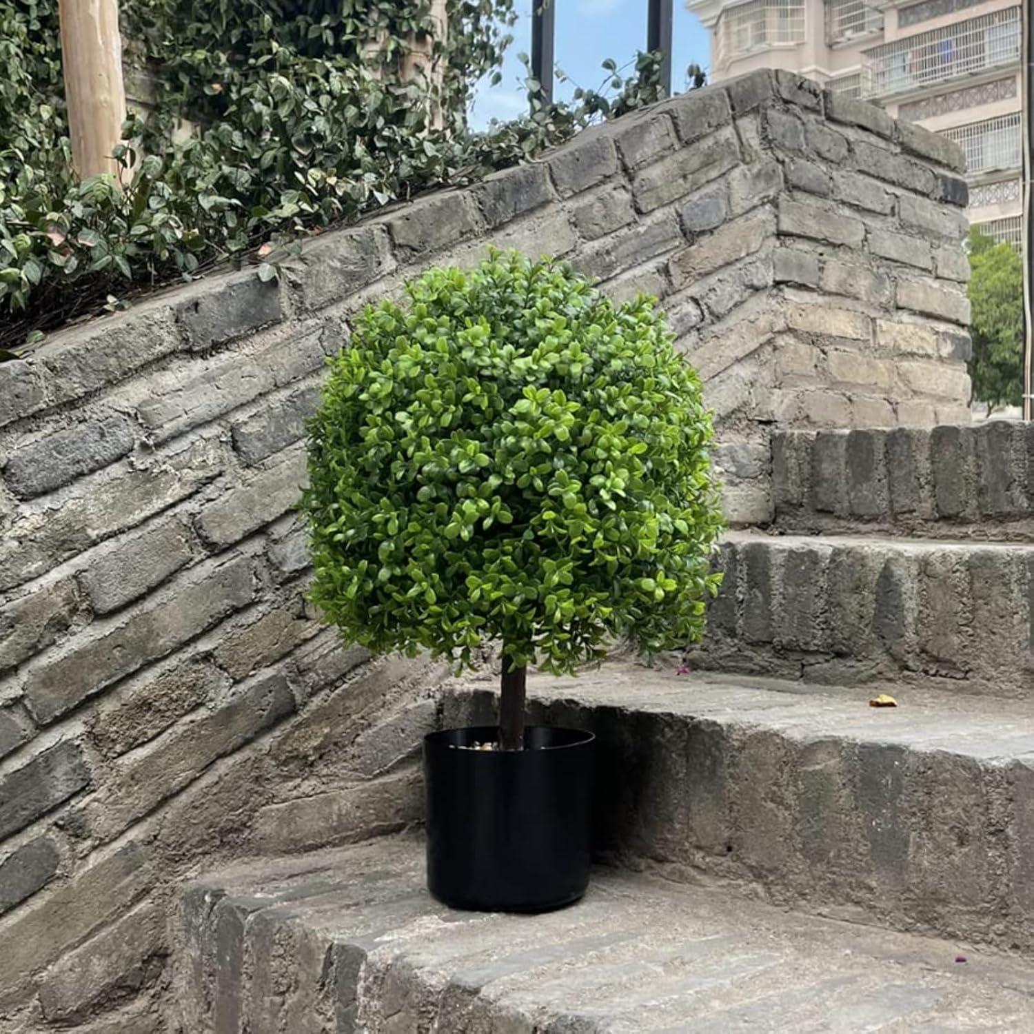 22’’ Faux Boxwood Topiary Ball Tree Set of 2, Artificial Plants Outdoor Weather Resistant, Cement-Filled Potted Bushes, Evergreen Topiary Trees Artificial for Porch Decoration Indoor Outdoor