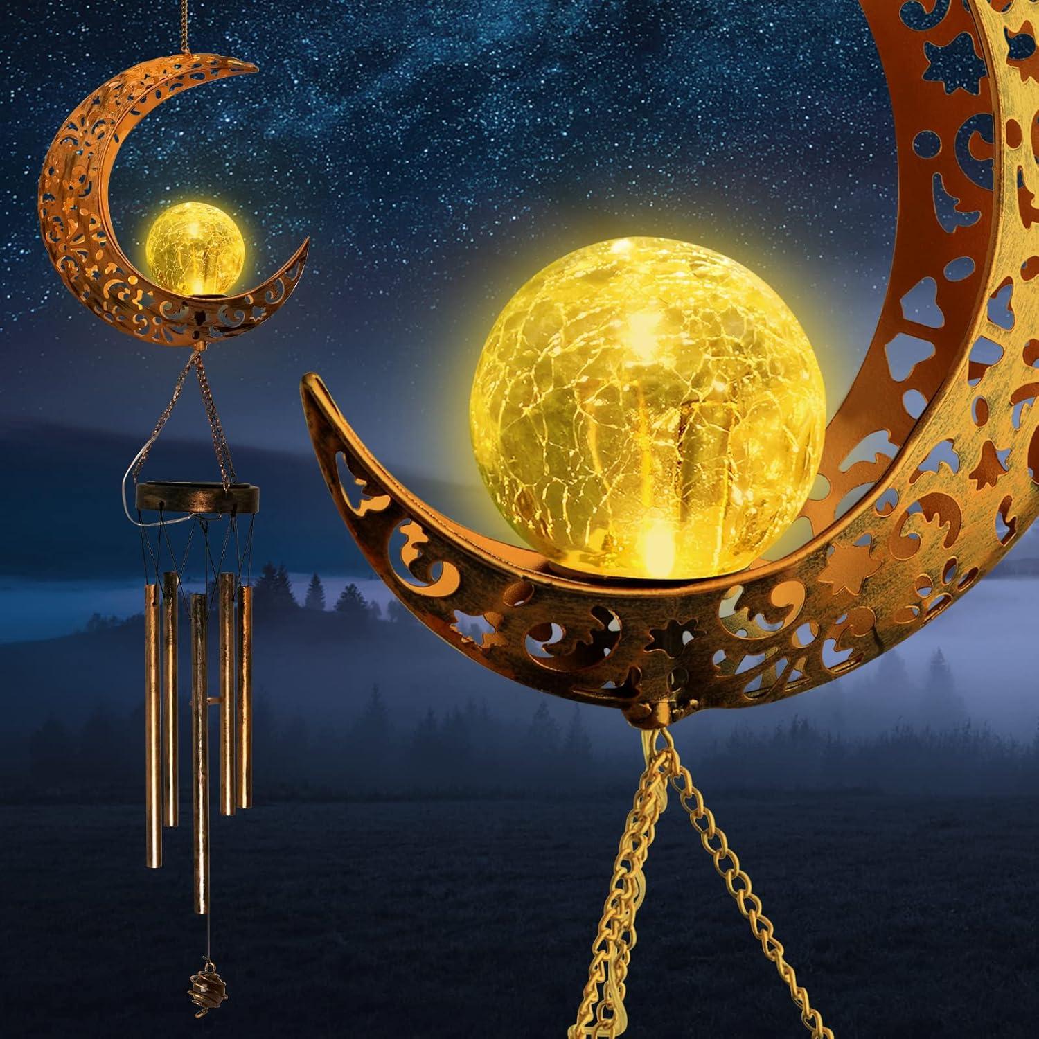 Moon Solar Lights Wind Chimes for Outside Gift for Women Gifts for Mom Grandma Birthday Gifts Large Moon Decor Windchimes Outdoors Gardening Gift for Outdoor Patio Yard Porch Solar Moon Night Lights