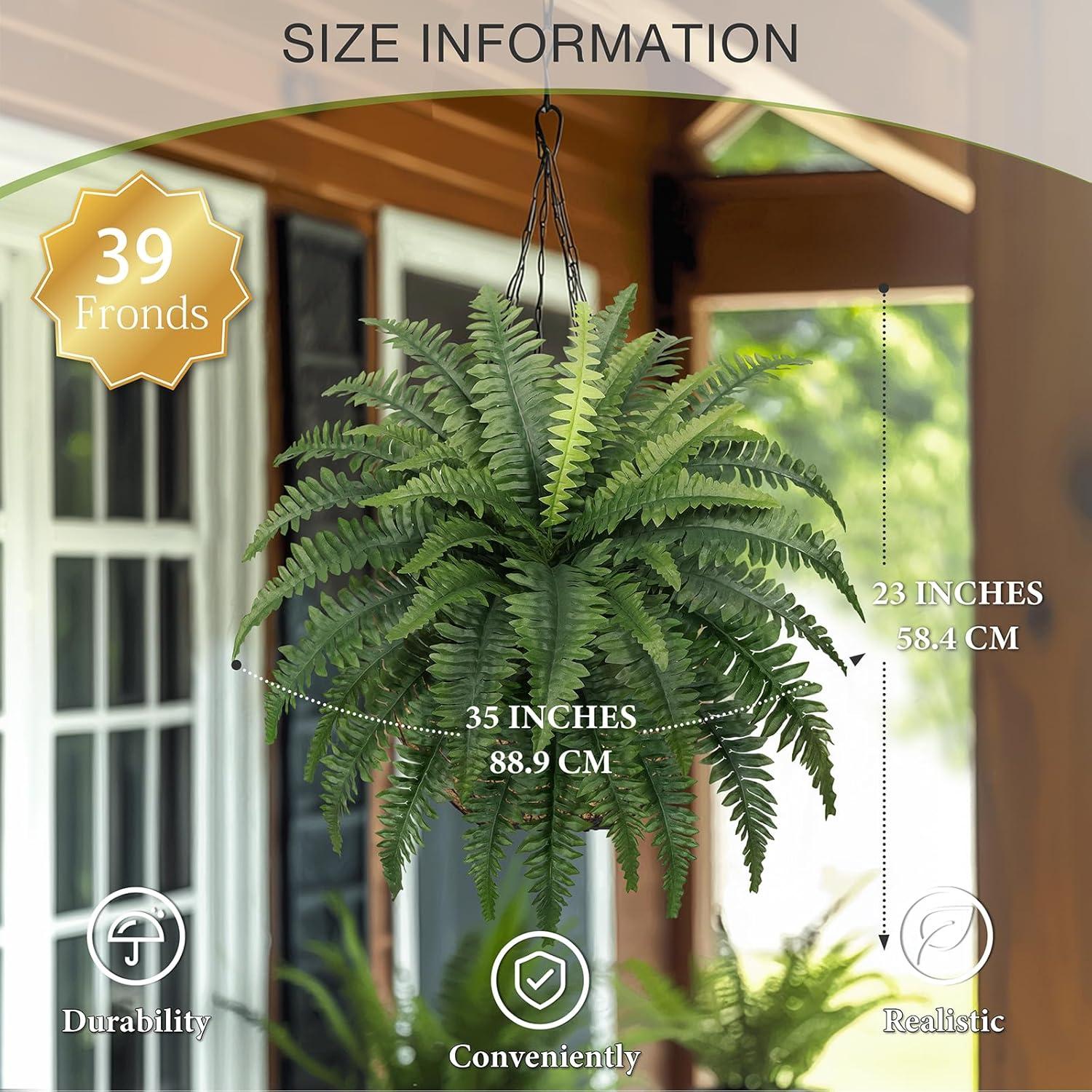 35" Ferns Artificial Bush Plants Large, 2 Artificial Boston Ferns with 39 Fronds for Outdoors Home Decor