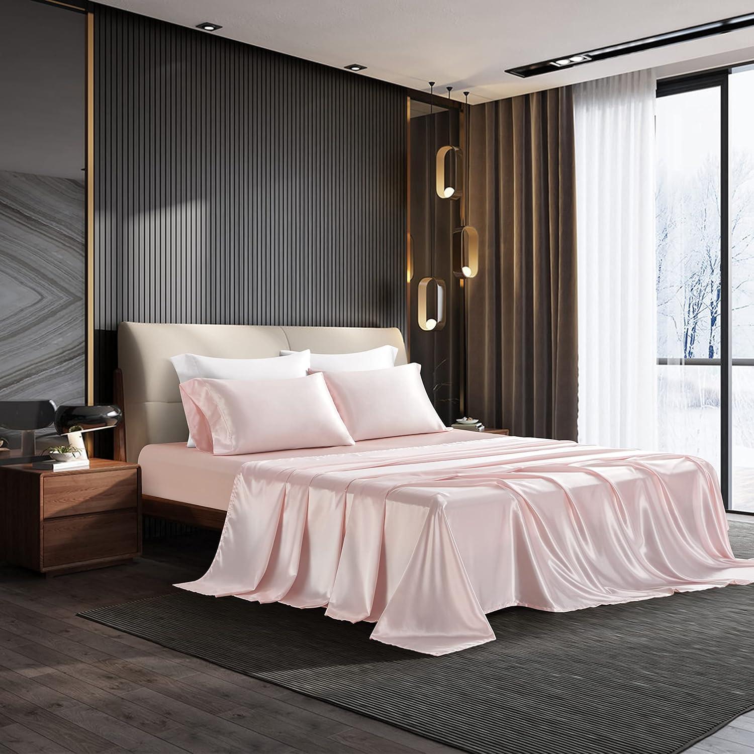 Blush Pink Satin King Sheet Set with Deep Pockets