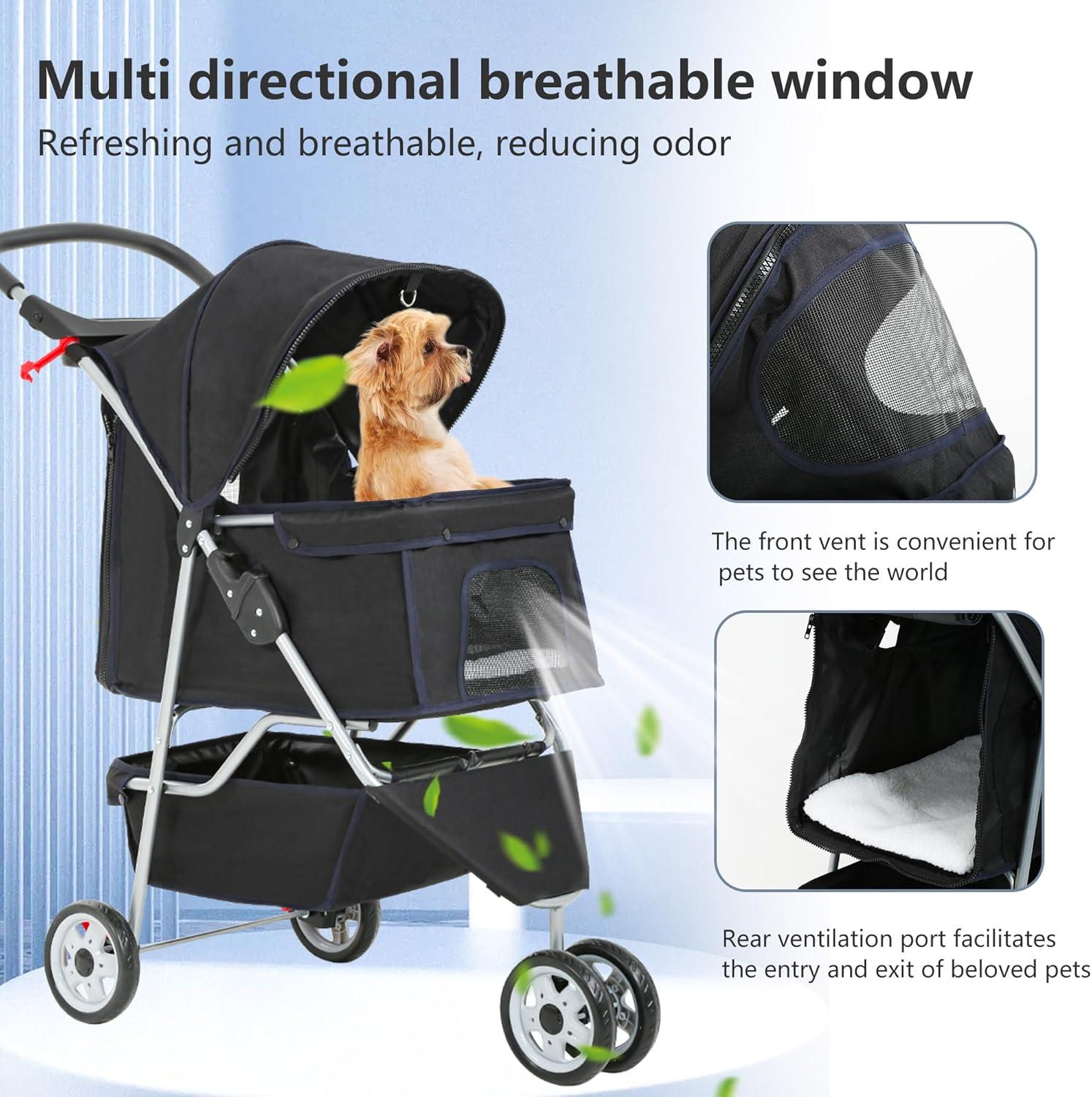 Dog Stroller, 3 Wheels Pet Cat Jogger Stroller, Folding Carrier Waterproof Puppy Stroller with Cup Holder & Removable Liner, Dog Strollers for Small Dogs, for Small and Medium Pets