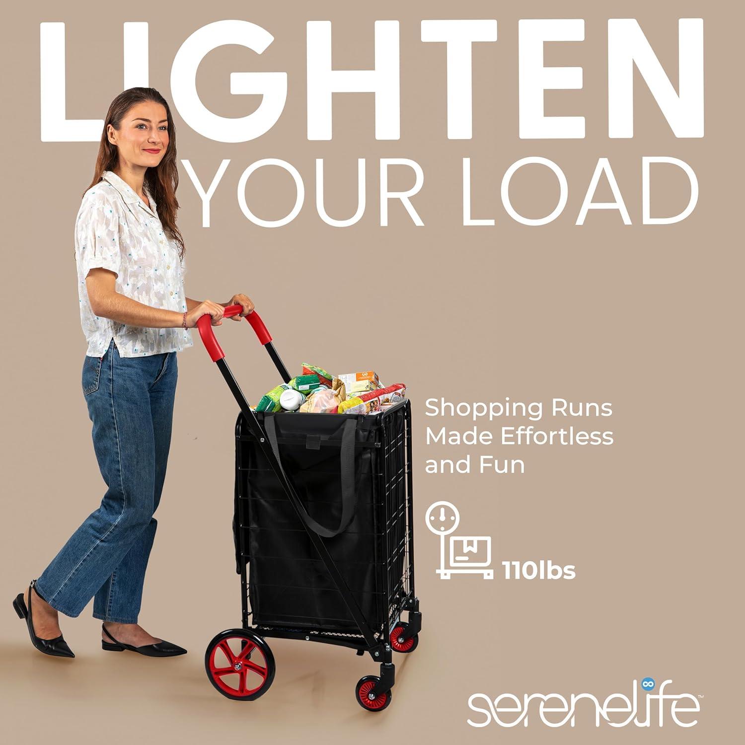 SereneLife Heavy Duty Foldable Shopping Cart with Removable Cart Liner - Red