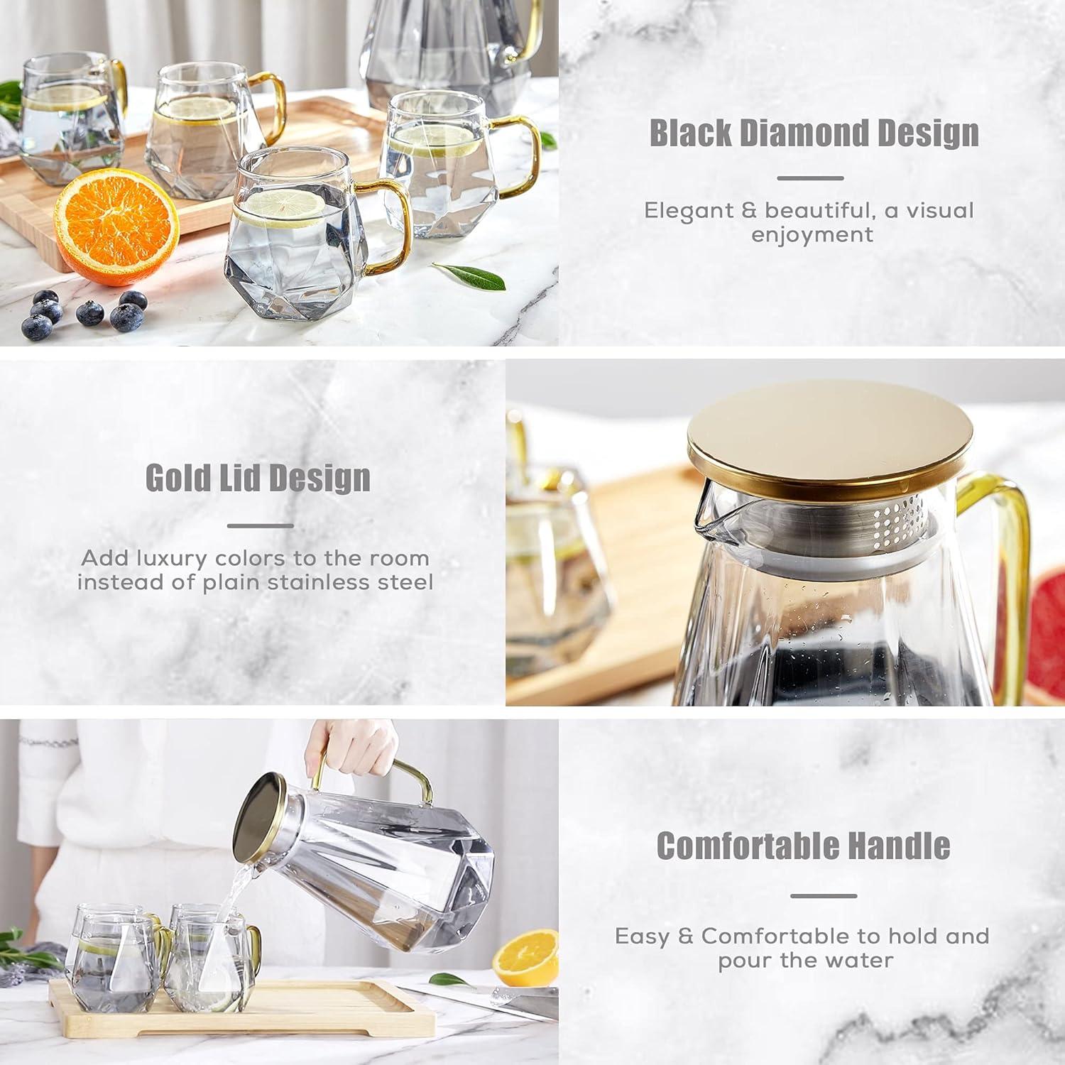 DUJUST Glass Pitcher Set (68 oz) with 4 Cups & 1 Tray, Elegant Diamond Design Water Pitcher with Handle, Durable Glass Jug for Fridge, Glass Carafe for Iced Tea/Juice/Beverage/Coffee/Drinks