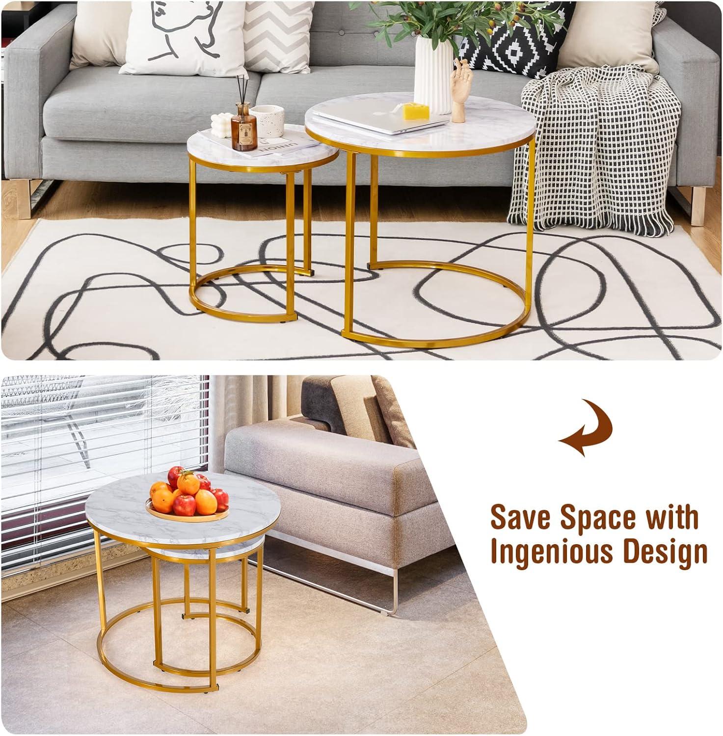 Costway Nesting Coffee Table Set of 2 for Balcony Living Room Modern Round Side Tables Rustic Brown