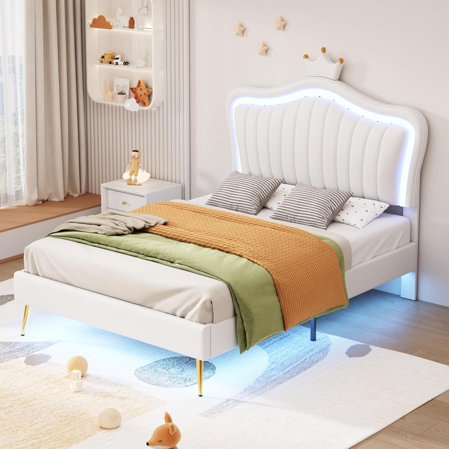 Upholstered Princess Platform Bed, Twin Size With Adjustable Crown Shaped Headboard and LED Lights, Kids Bedroom Furniture (White)