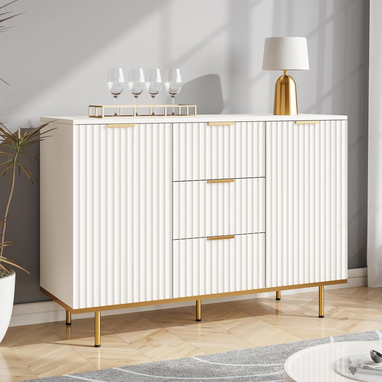 White Fluted Storage Cabinet with Gold Legs and Adjustable Shelves