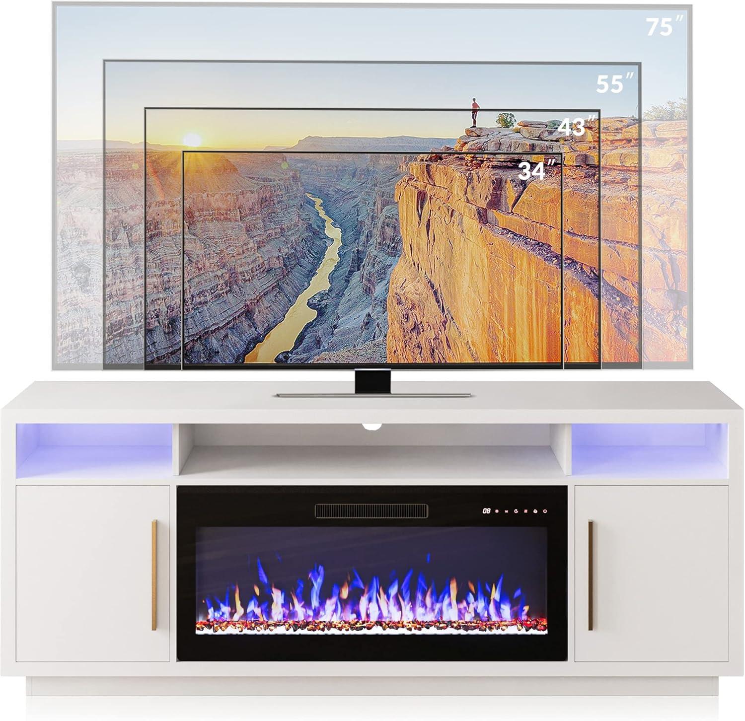 BELLEZE Fireplace TV Stand for TVs Up To 75", Entertainment Center with 36" Electric Fireplace, LED Ambient Lighting, and Storage, Media Console Table 69 Inch - Avenue (White)