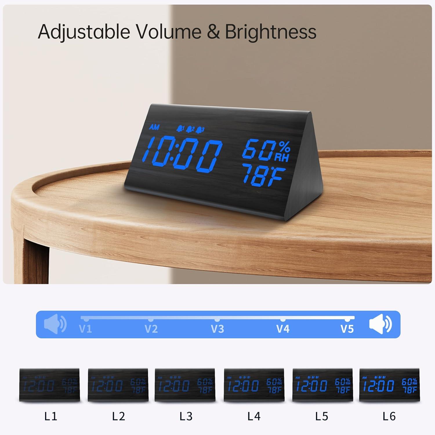 Modern Black Wood Digital Alarm Clock with LED Display