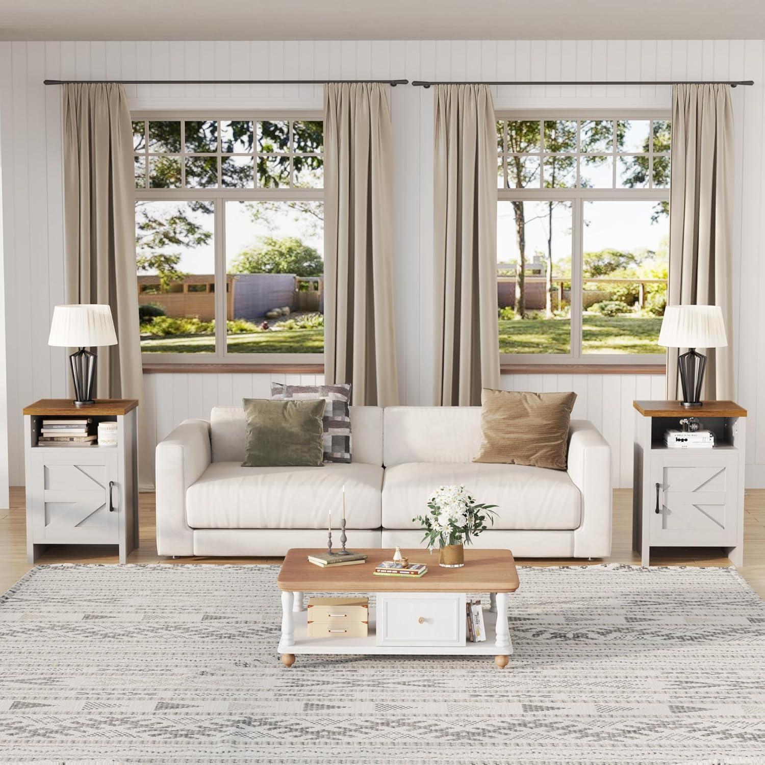 Farmhouse Nightstand, Modern Bedside Table Set of 2 with Barn Door and Shelf, Rustic End Table Side Table for Bedroom, Living Room (White)