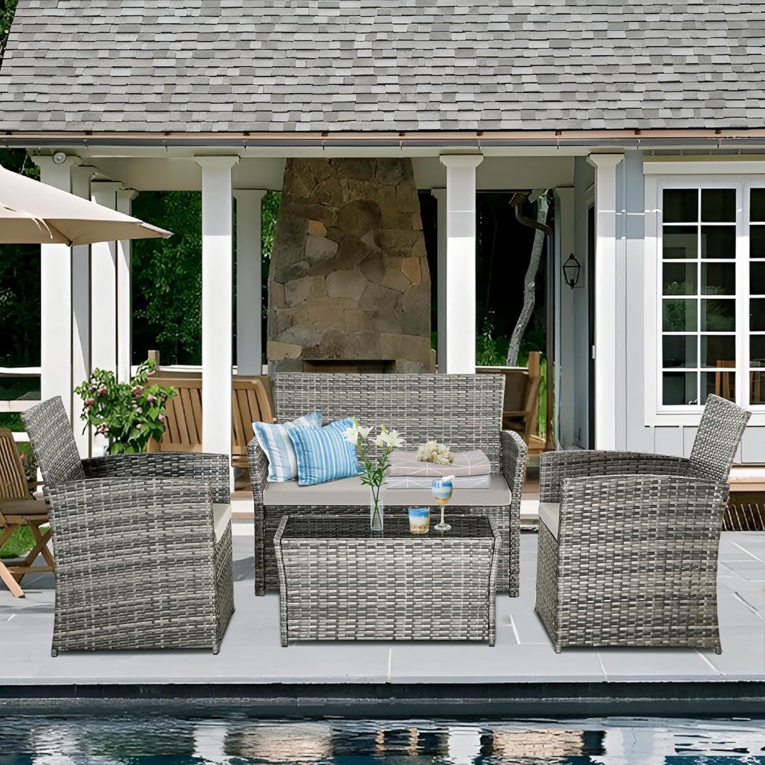 4 Piece Patio Furniture Set,Outdoor Wicker Conversation Sets,Rattan Sectional Sofa w/Coffee Table,Seat Cushions for Backyard Porch Garden Poolside (Gray/Gray)