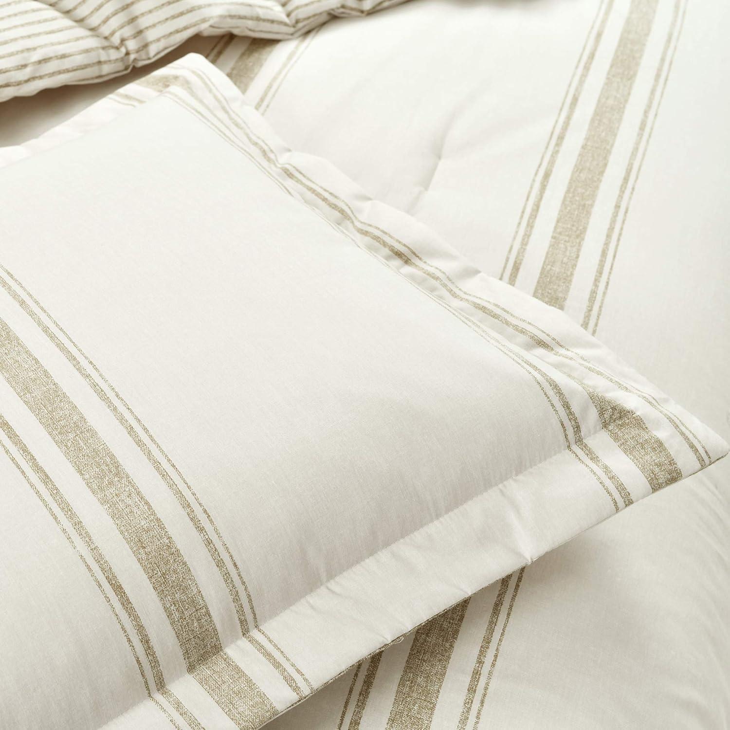 Lush Decor Farmhouse Stripe Cotton Reversible Comforter, Full/Queen, Neutral, 3-Pc Set