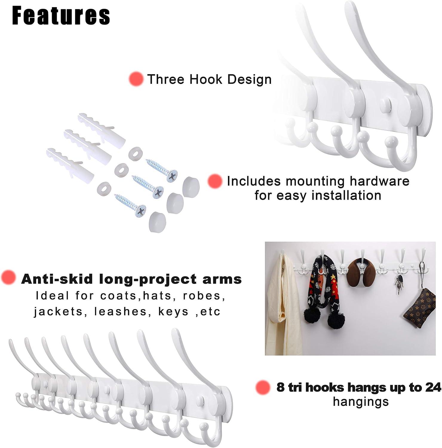 Dseap Coat Rack Wall Mounted-8 Tri Hooks,Stainless Steel Heavy Duty Metal Coat Hook Rail for Hats Clothing Entryway,White 2 Pack