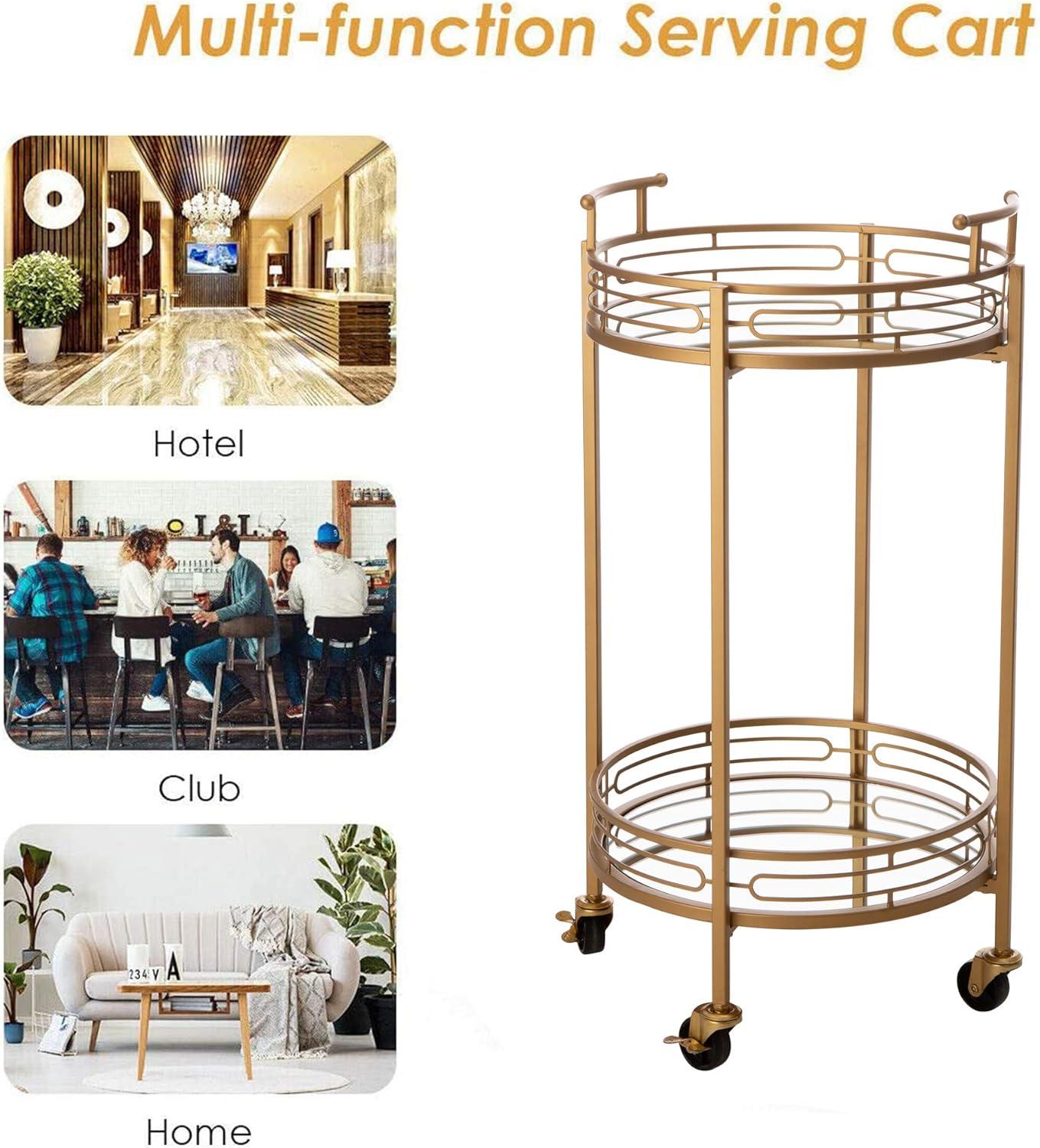 Glitzhome 29.5" H Round Gold Bar Cart with 4 Wheels 2-Tier Deluxe Tray Metal Mirrored Glass Top Rolling Serving Cart for Kitchen Living Room Hotel Wine/Tea Serving Cart