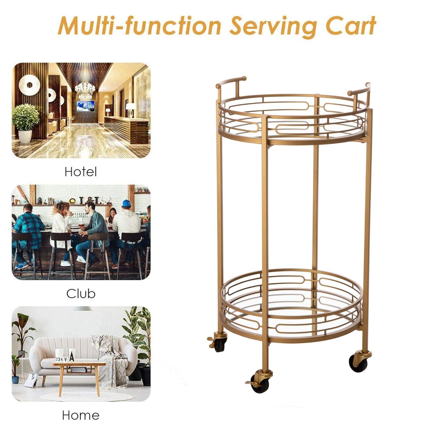 Glitzhome 29.5" H Round Gold Bar Cart with 4 Wheels 2-Tier Deluxe Tray Metal Mirrored Glass Top Rolling Serving Cart for Kitchen Living Room Hotel Wine/Tea Serving Cart