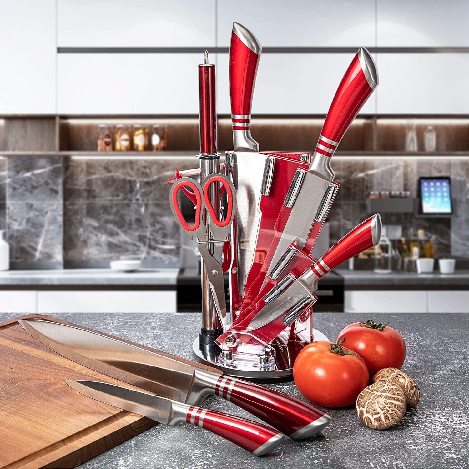 Kitchen Knife Set, 9-Pieces Red Coated Knife Block Set, Stainless Steel Chef knife Set with Sharpener Peeler Scissors, Sharp Non-Stick Knives Set with Rotatable Holder for Cutting Slicing Dicing
