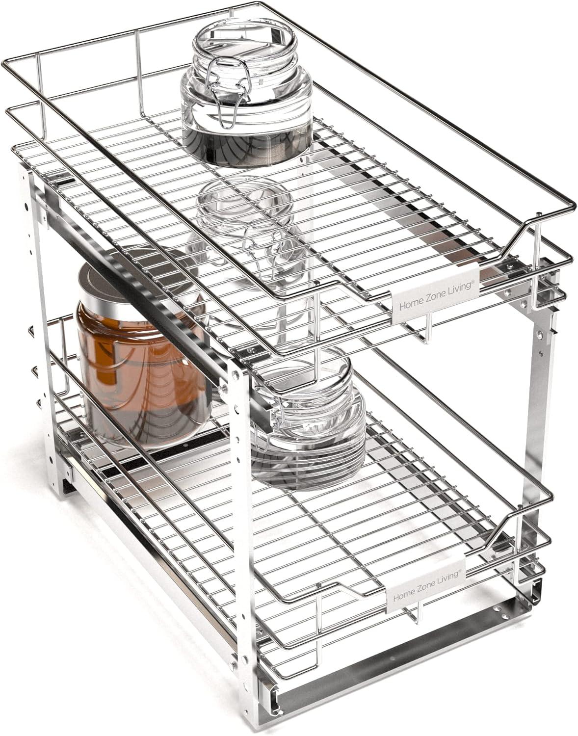 Home Zone Living 11” Width x 20” Depth 2 Shelves Pull Out Storage Organizer, Silver