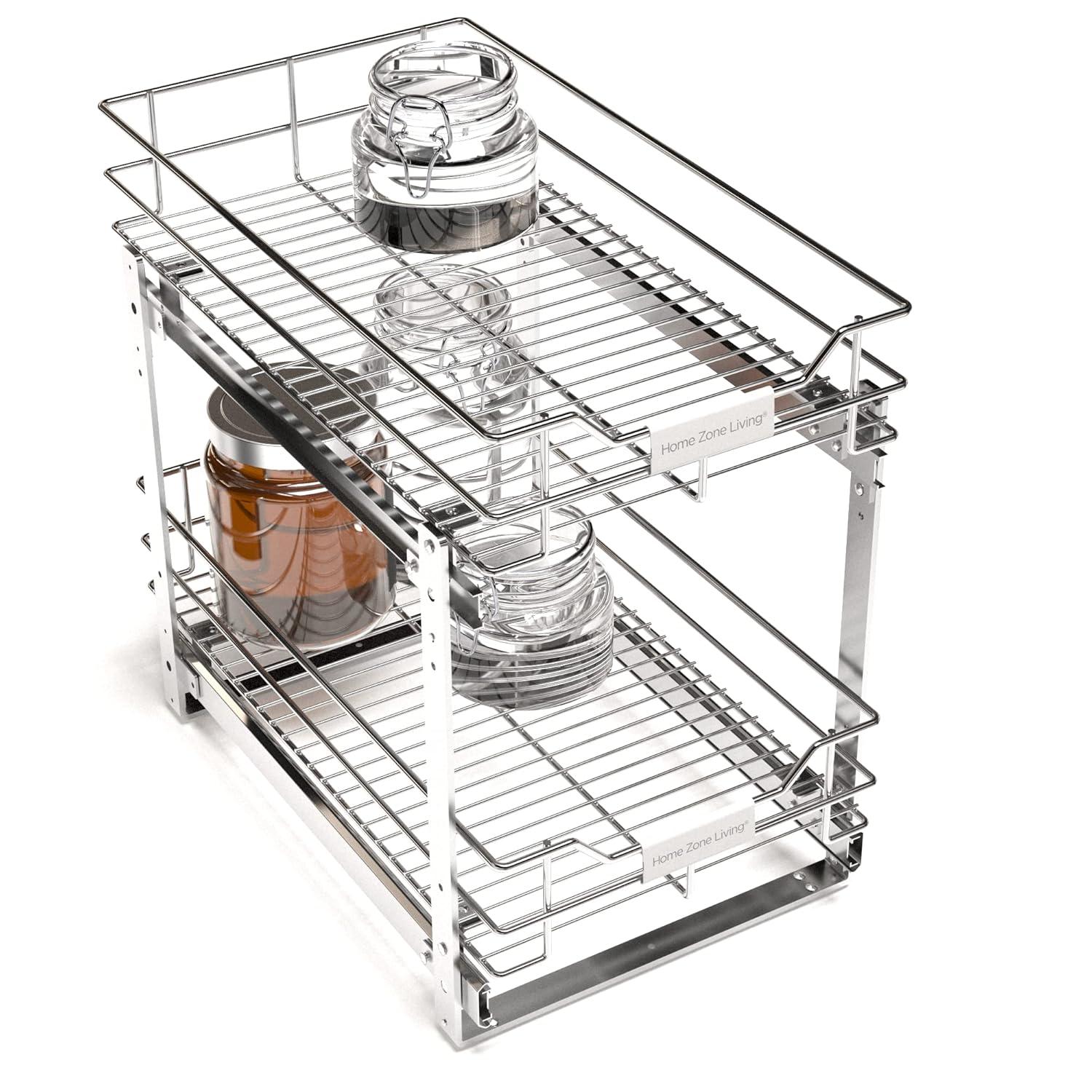 Home Zone Living 11” Width x 20” Depth 2 Shelves Pull Out Storage Organizer, Silver