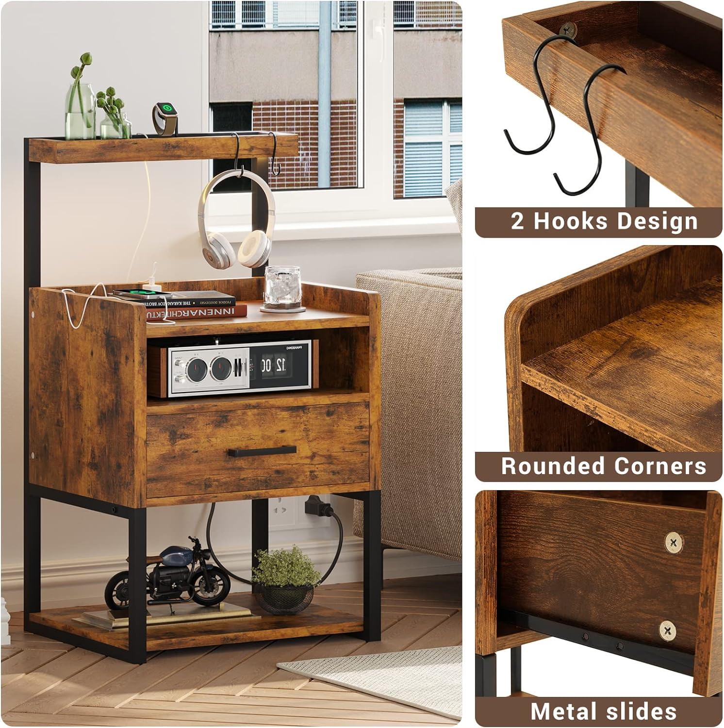Brown LED Night Stand with Charging Station, Modern Bedside Table for Bedroom