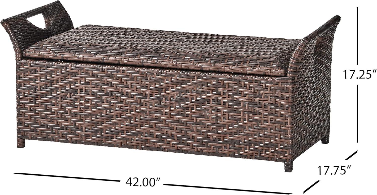 Wing Wicker Patio Storage Bench - Multi Brown - Christopher Knight Home: Iron Frame, Water & UV Resistant, Seats 2