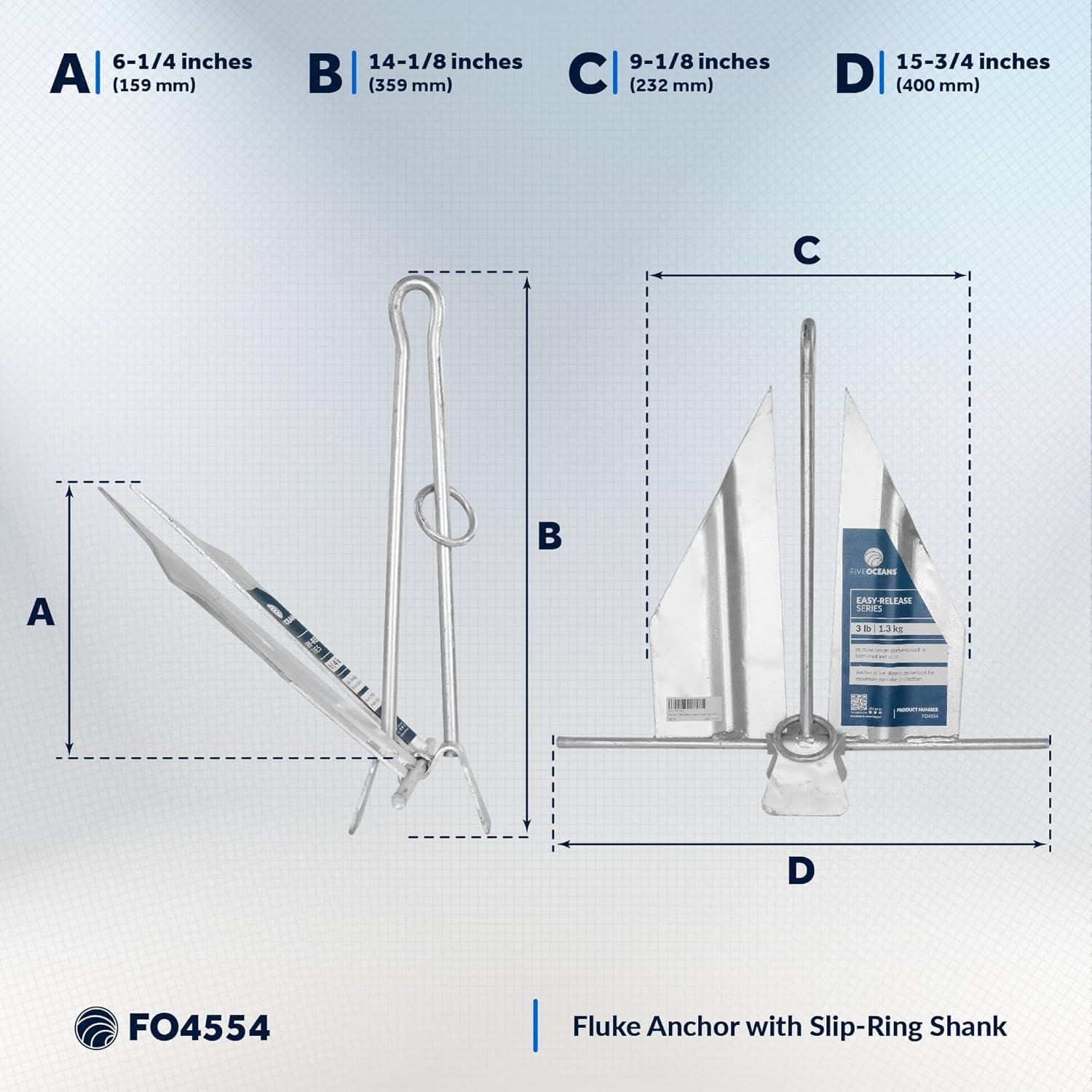 Five Oceans Boat Anchor - Fluke Anchor, 3 Lb, Galvanized Steel Slip Ring Boat Anchor, Boat Anchors, Small Boat Anchor for Kayak, Dinghies Personal Watercraft Paddleboards Canoes Small Boats - FO4554