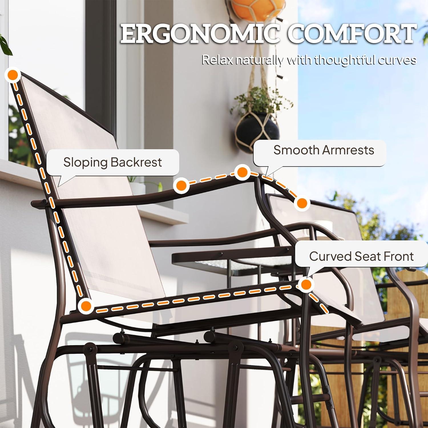 Outsunny Outdoor Glider Chairs with Coffee Table, Patio 2-Seat Rocking Chair Swing Loveseat with Breathable Sling, Coffee Brown