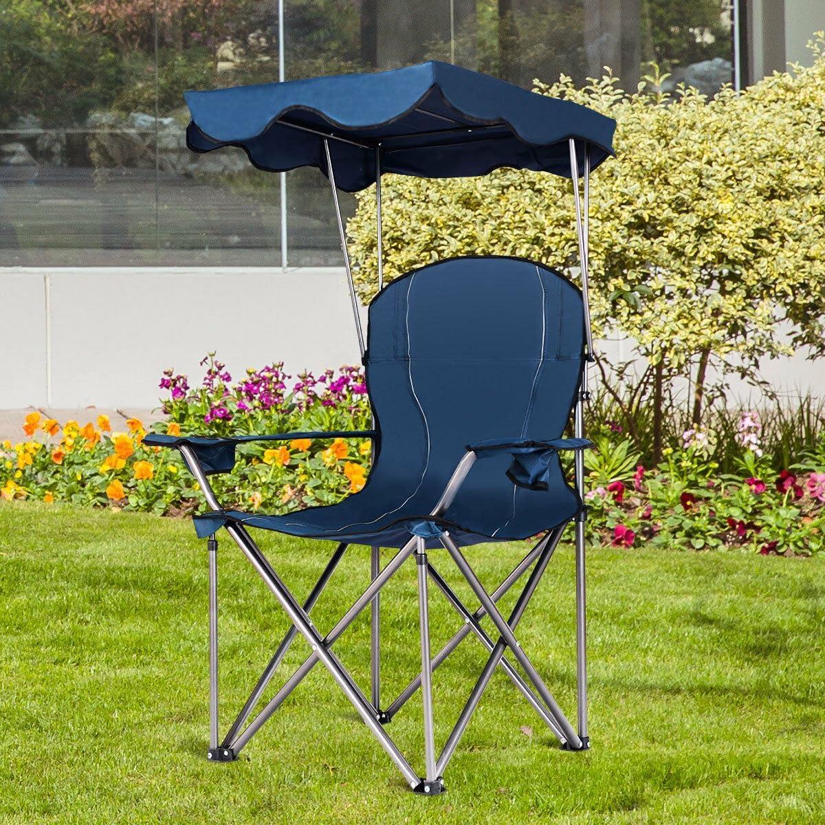 Topcobe Portable Folding Beach Canopy Chair with Cup Holders, Camping Chairs with Canopy, Blue