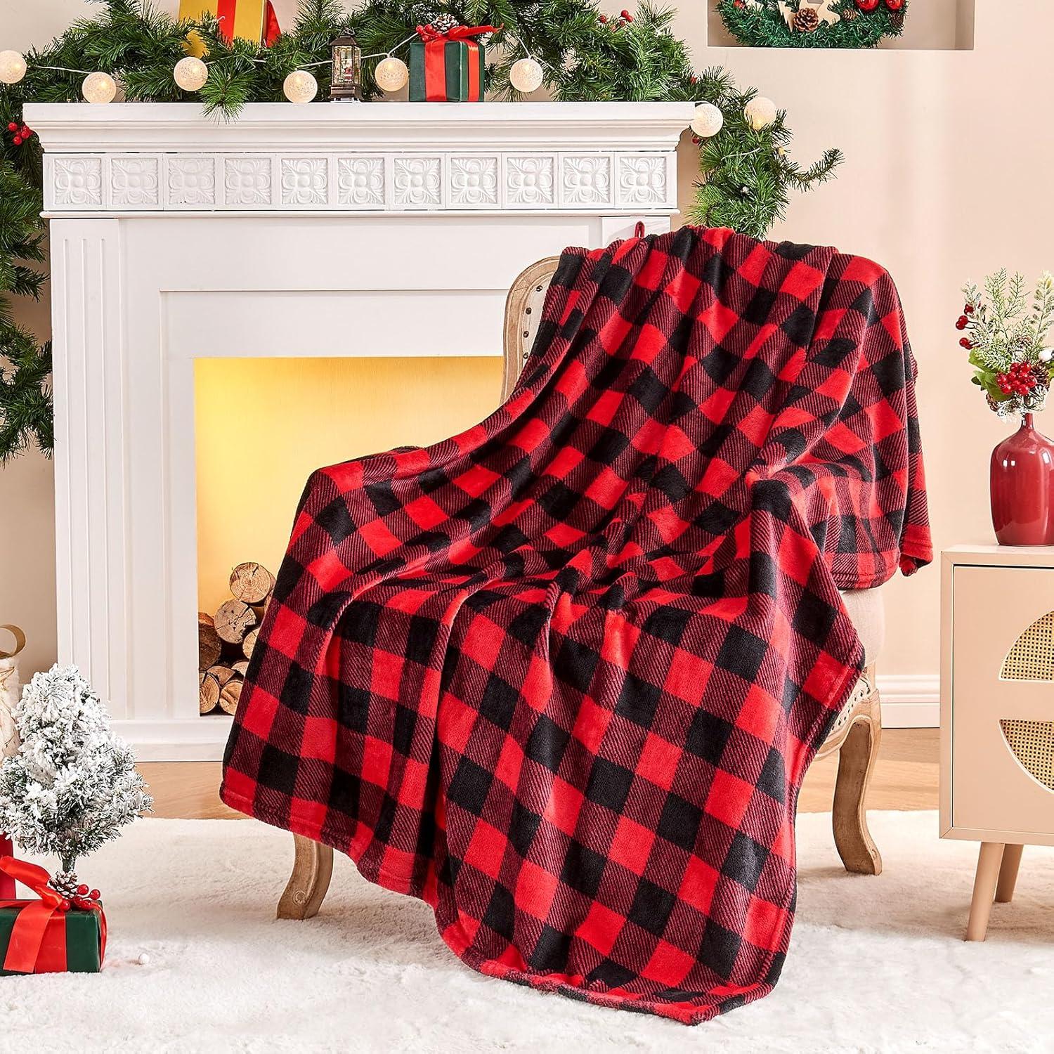 Fleece Throw Blanket for Couch Sofa Bed, Buffalo Plaid Decor Red and Black Checkered Blanket, Cozy Fuzzy Soft Lightweight Warm Blankets for Winter and Spring