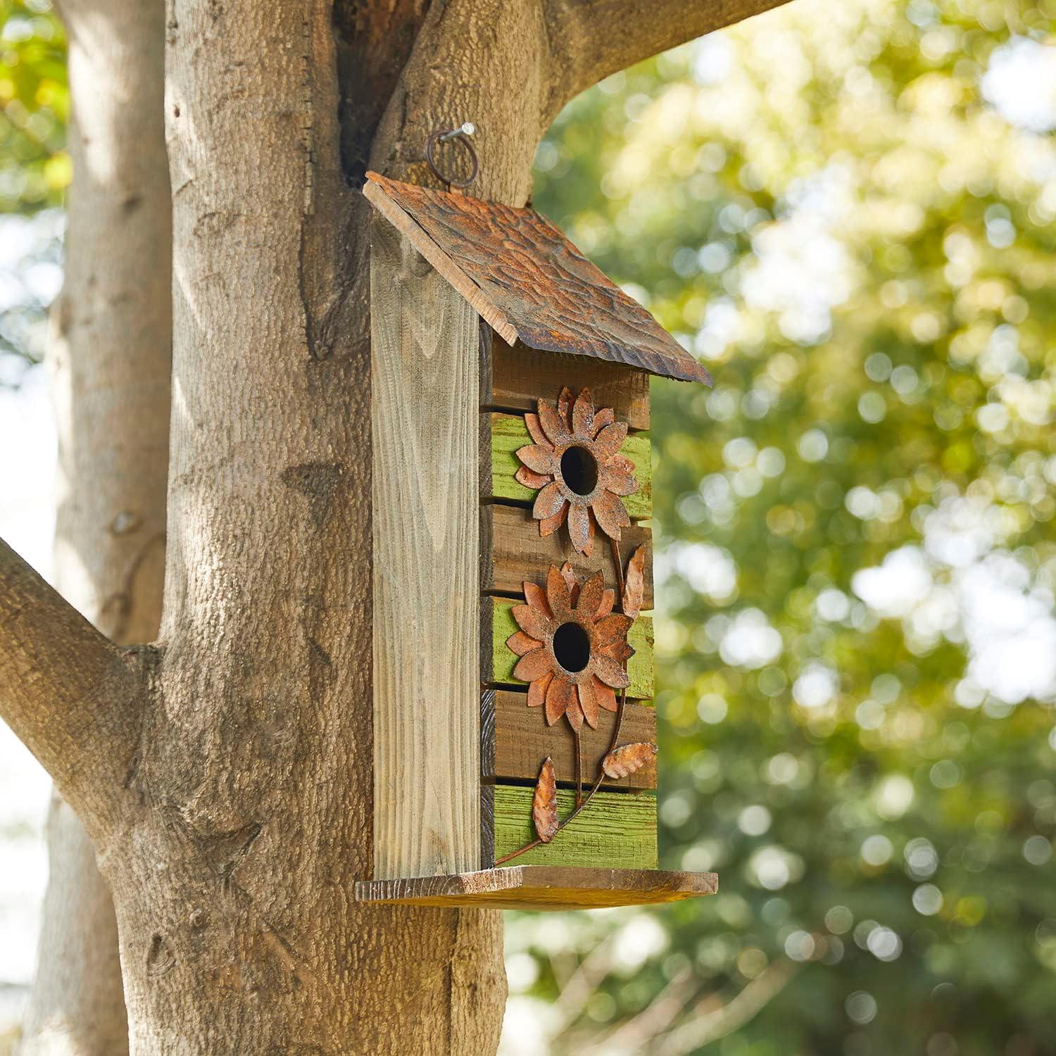 Rustic Two-Tiered Wooden Birdhouse with Metal Flowers