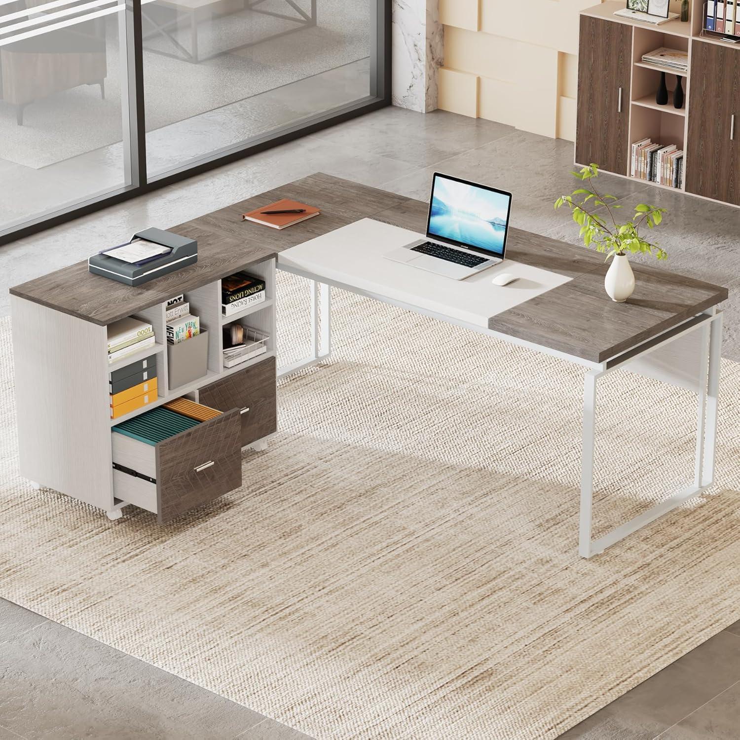 Tribesigns 63 inch L-Shaped Executive Desk with Reversible File Cabinet, Office Desk with Storage Drawers, Gray & White